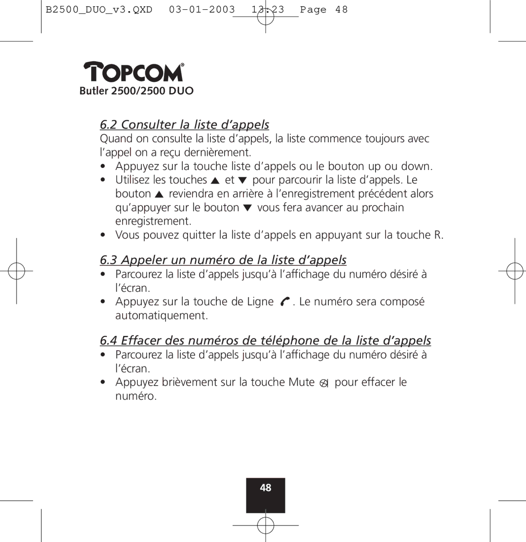 Topcom 2500 manual Consulter la liste d’appels 