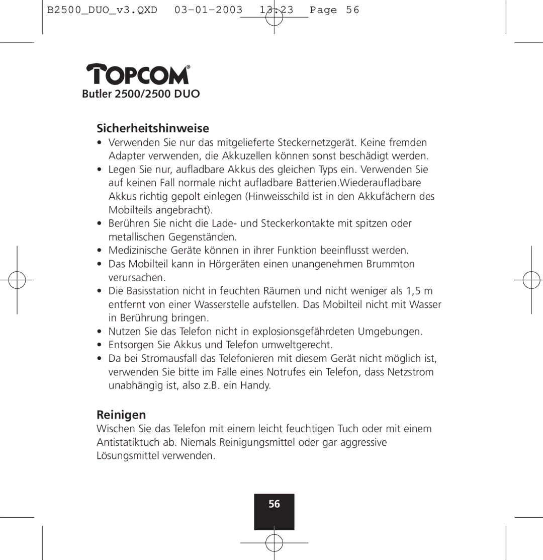 Topcom manual Butler 2500/2500 DUO Sicherheitshinweise, Reinigen 