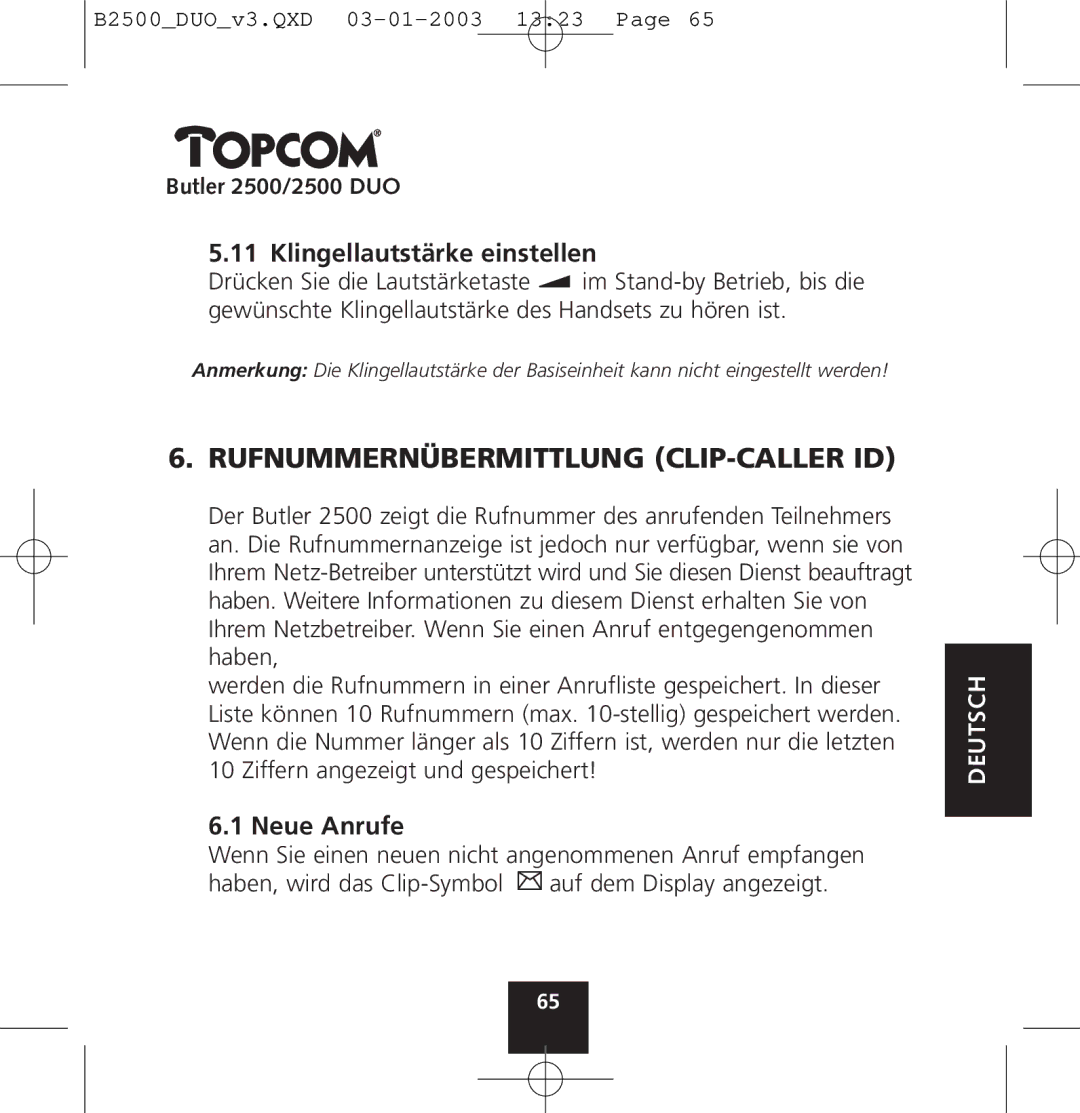 Topcom 2500 manual Rufnummernübermittlung CLIP-CALLER ID, Klingellautstärke einstellen, Neue Anrufe 