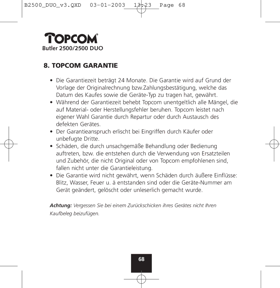 Topcom 2500 manual Topcom Garantie 