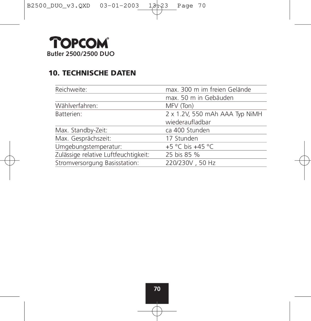 Topcom 2500 manual Technische Daten 