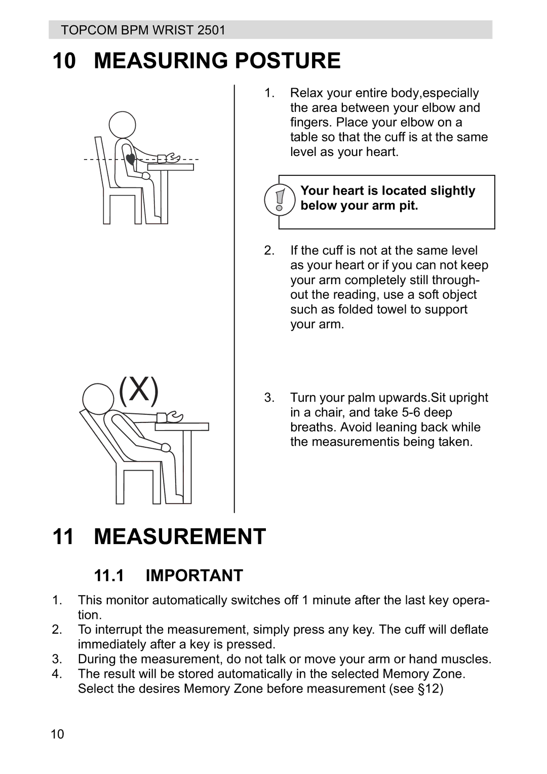 Topcom 2501 manual Measuring Posture, Measurement 