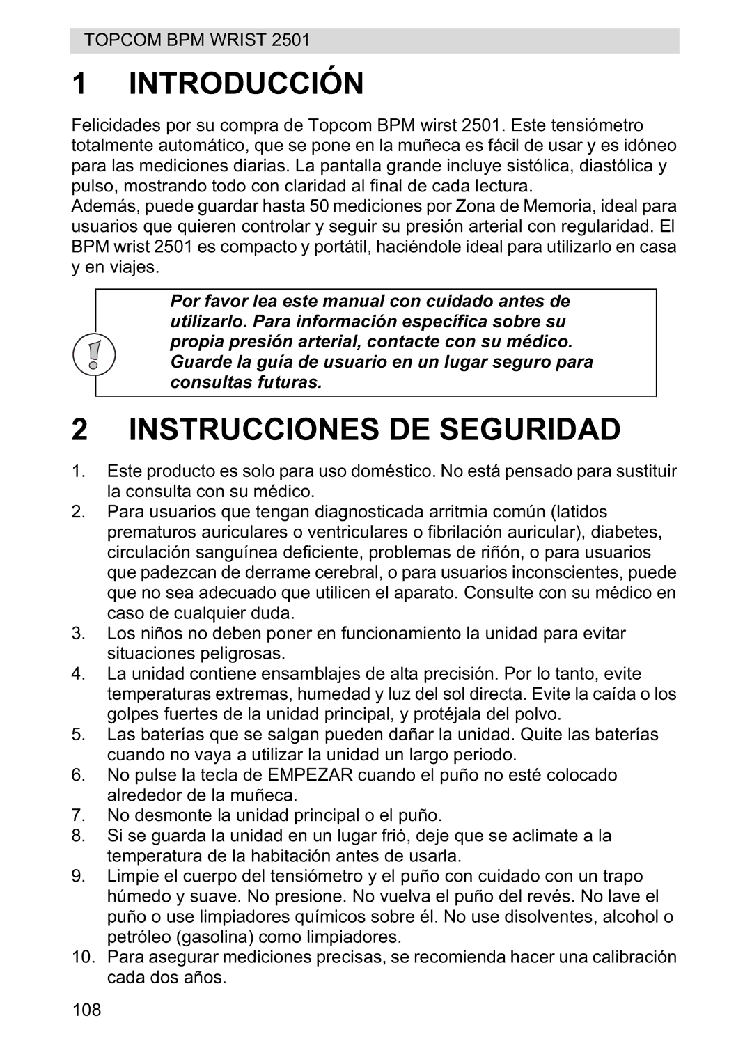 Topcom 2501 manual Introducción, Instrucciones DE Seguridad 