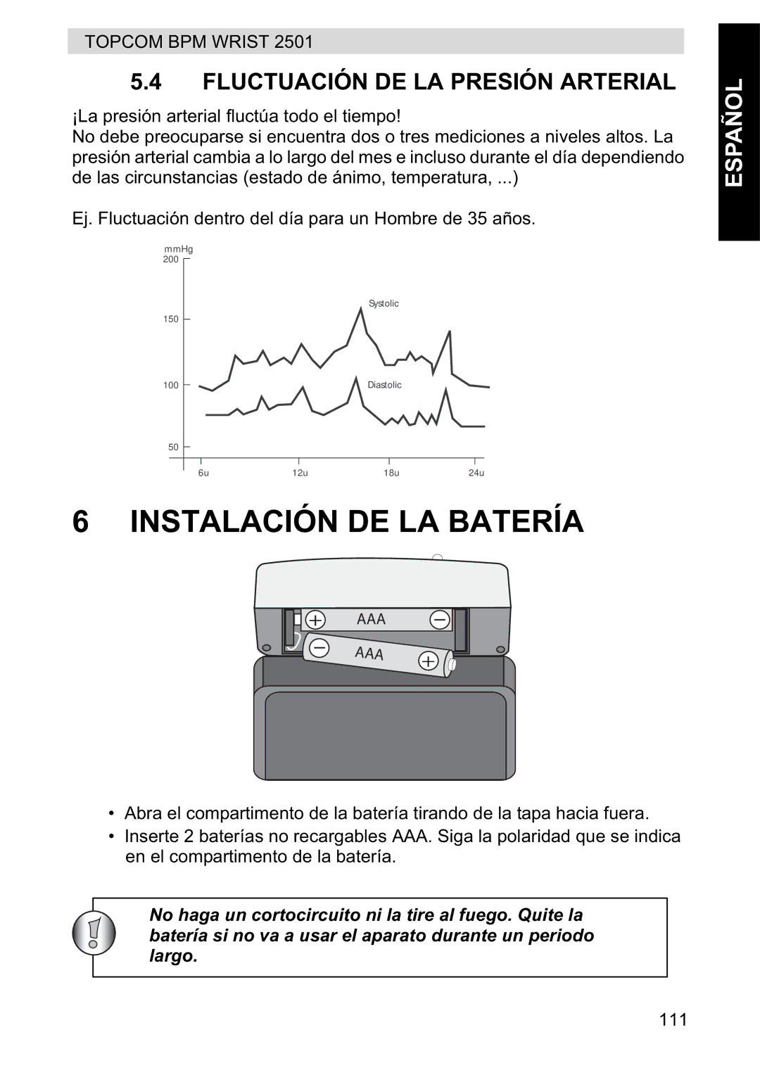 Topcom 2501 manual Instalación DE LA Batería, Fluctuación DE LA Presión Arterial 