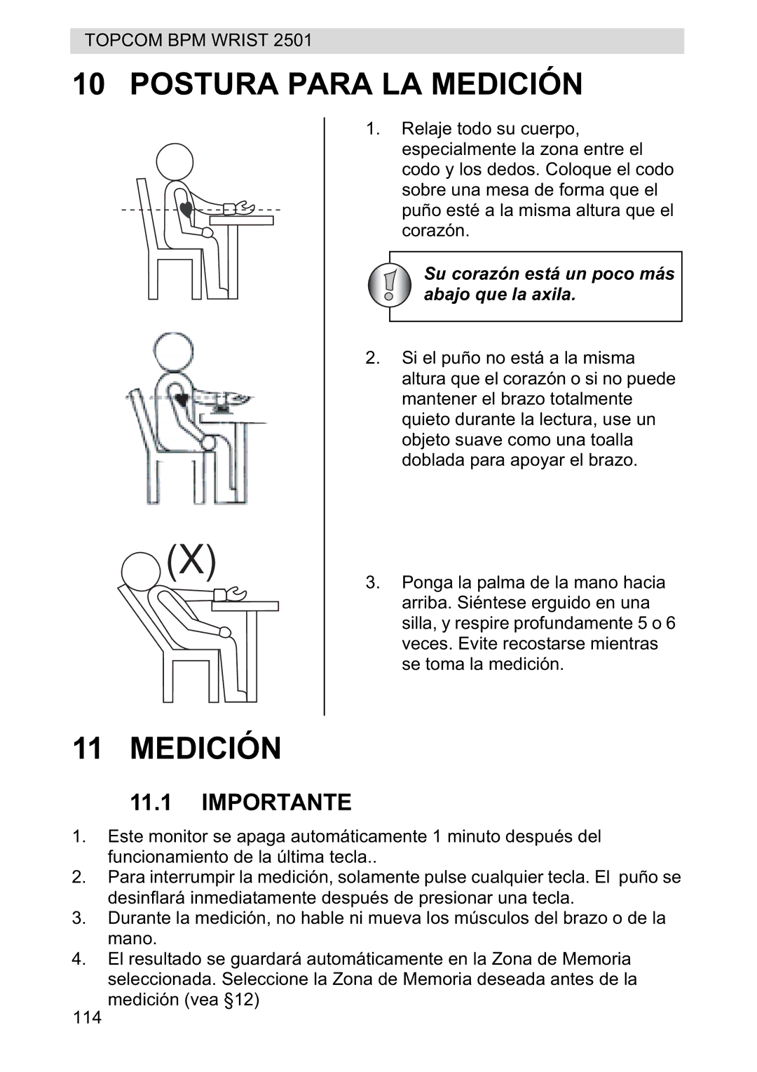 Topcom 2501 manual Postura Para LA Medición, Importante 