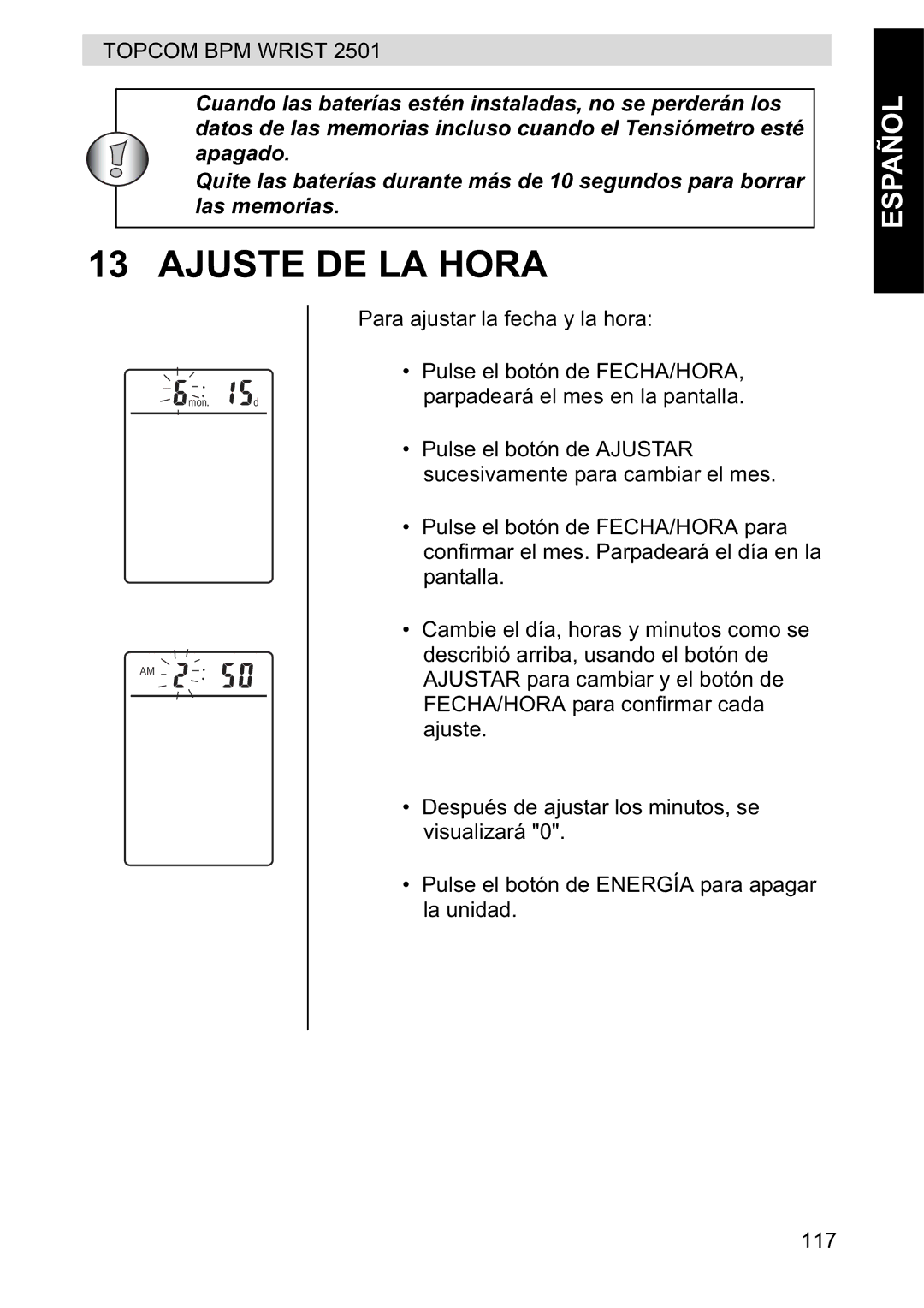 Topcom 2501 manual Ajuste DE LA Hora 