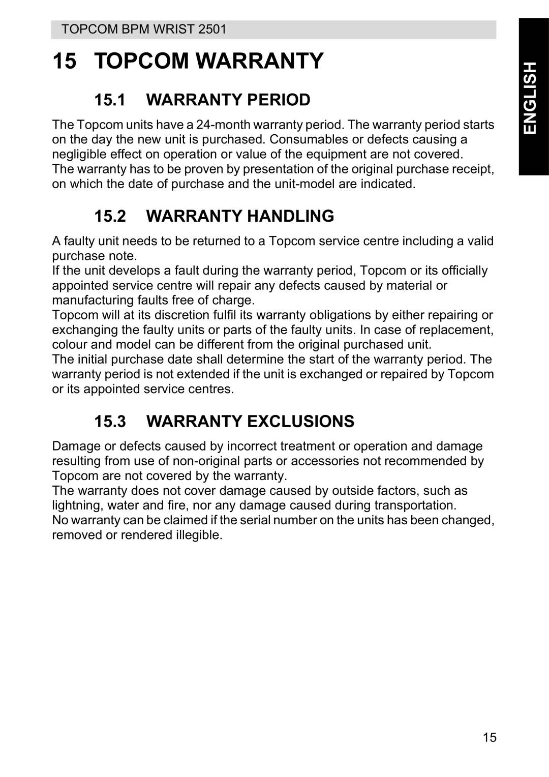 Topcom 2501 manual Topcom Warranty, Warranty Period, Warranty Handling, Warranty Exclusions 