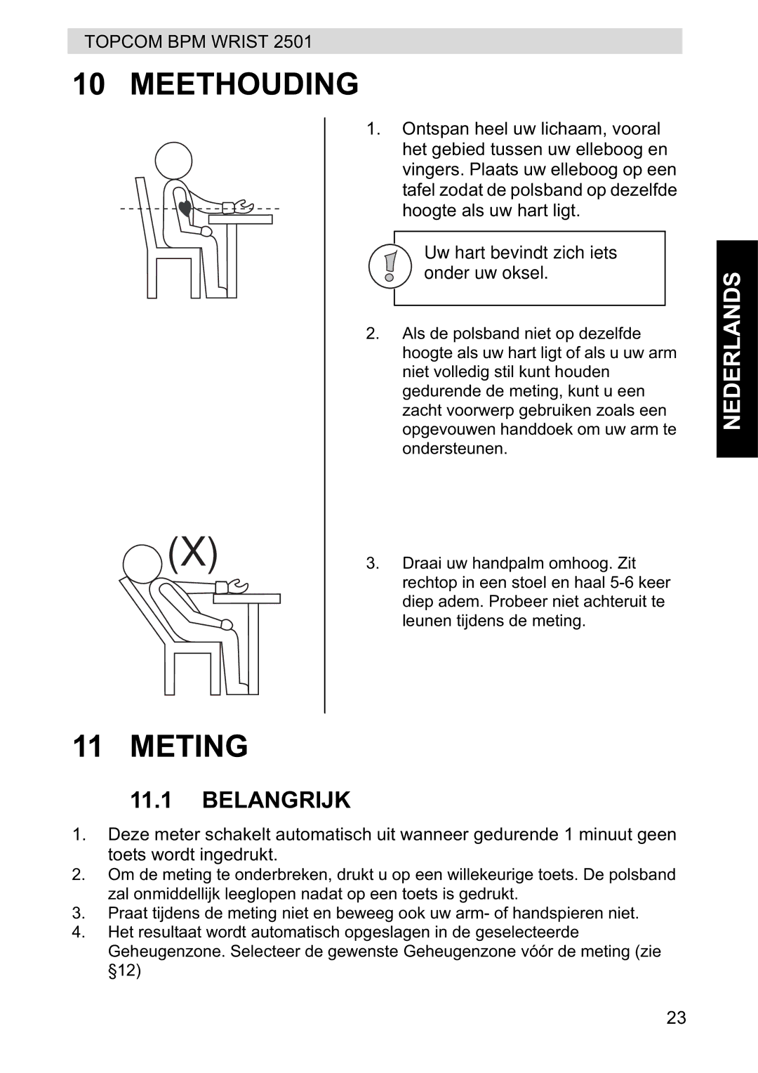 Topcom 2501 manual Meethouding, Meting, Belangrijk 