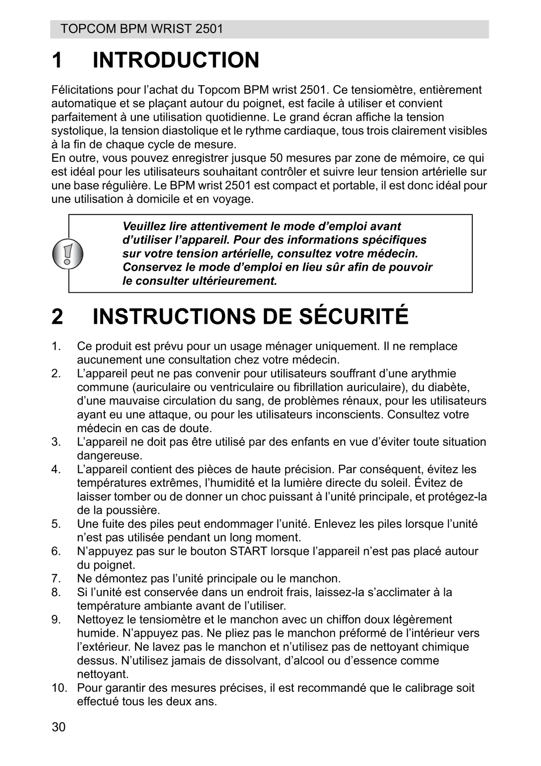 Topcom 2501 manual Introduction, Instructions DE Sécurité 