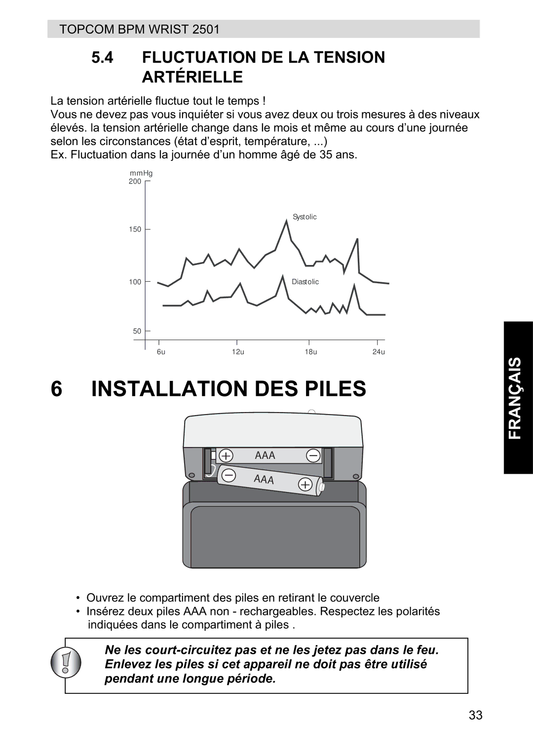 Topcom 2501 manual Installation DES Piles, Fluctuation DE LA Tension Artérielle 