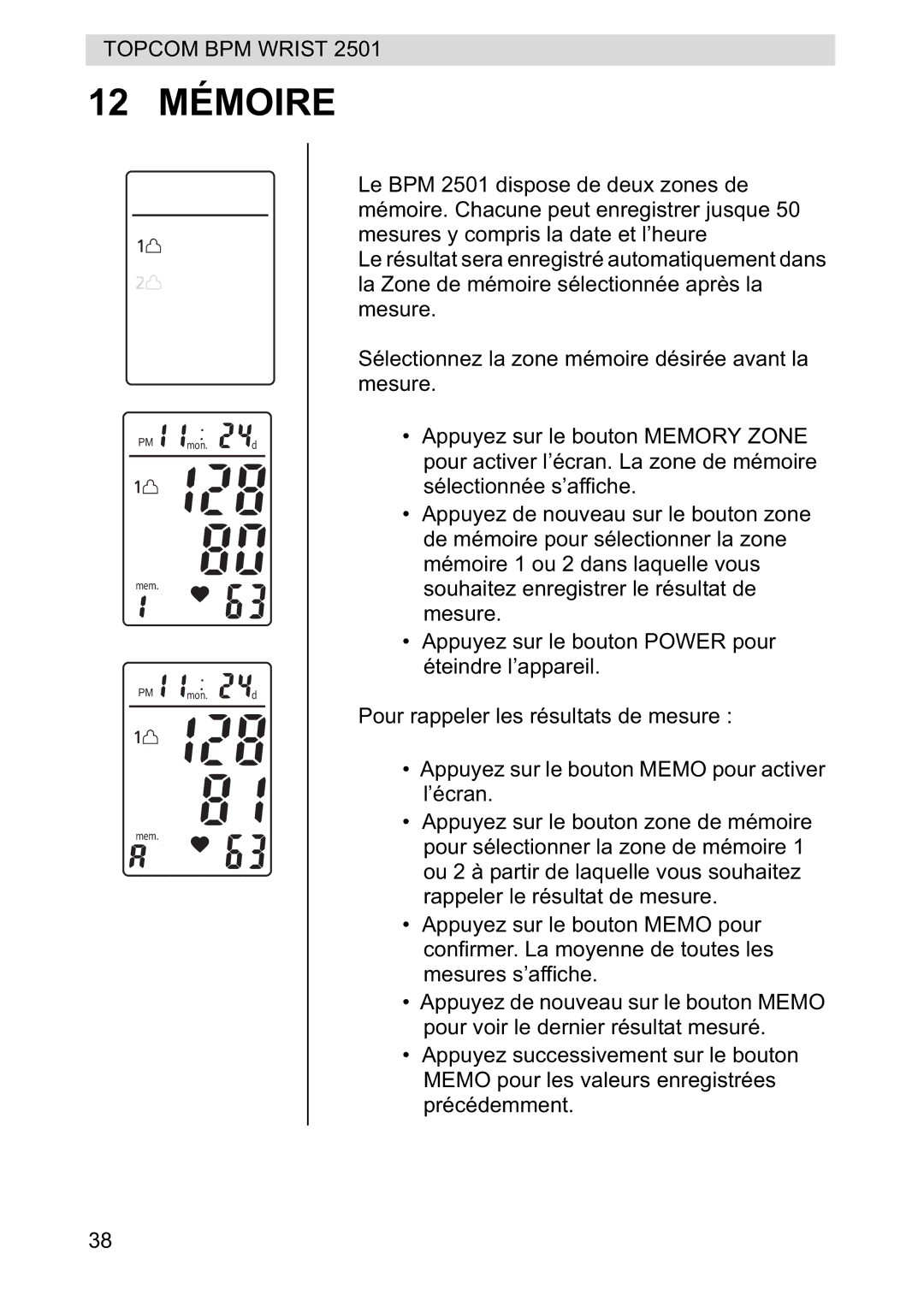 Topcom 2501 manual 12 Mémoire 