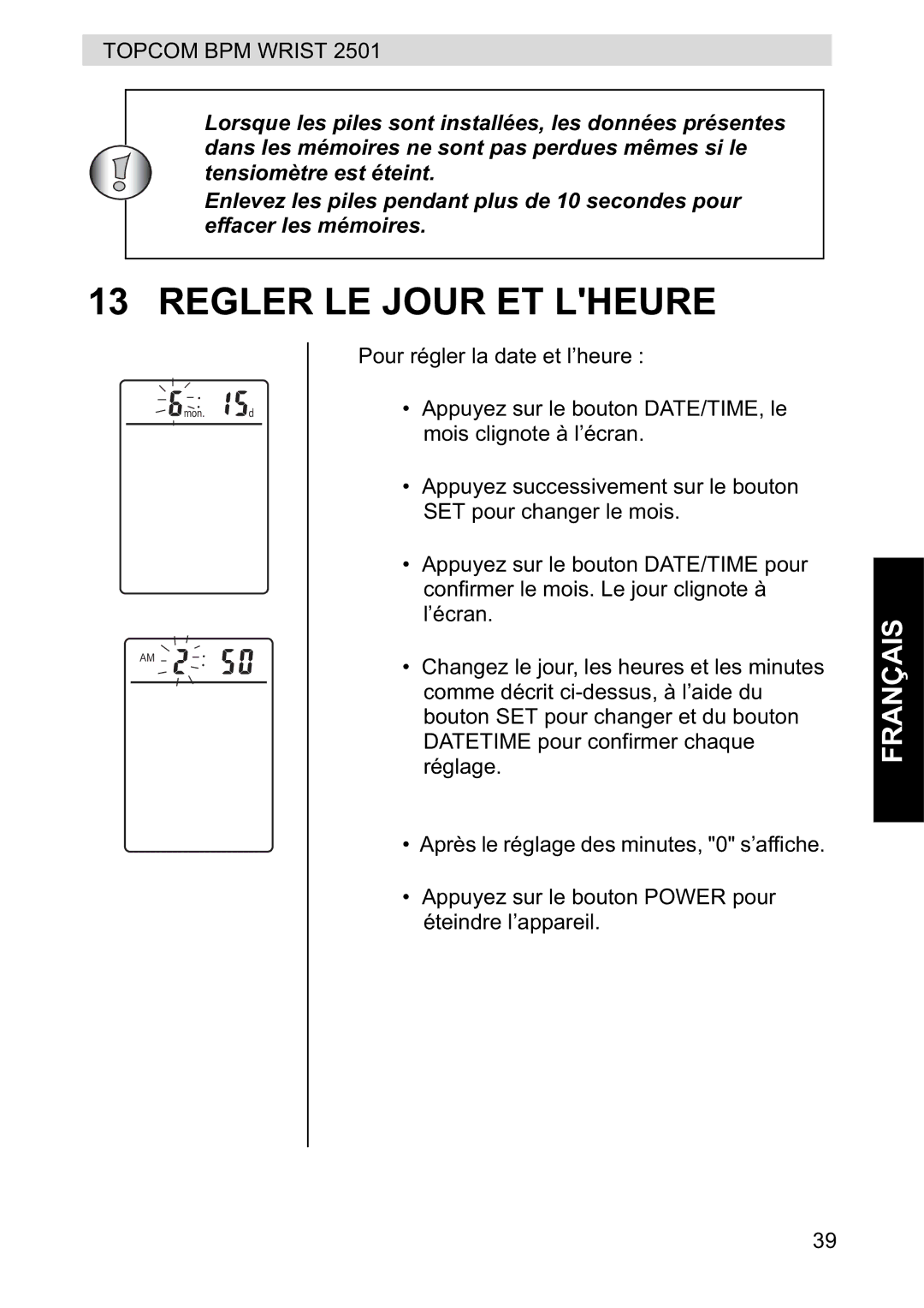 Topcom 2501 manual Regler LE Jour ET Lheure 