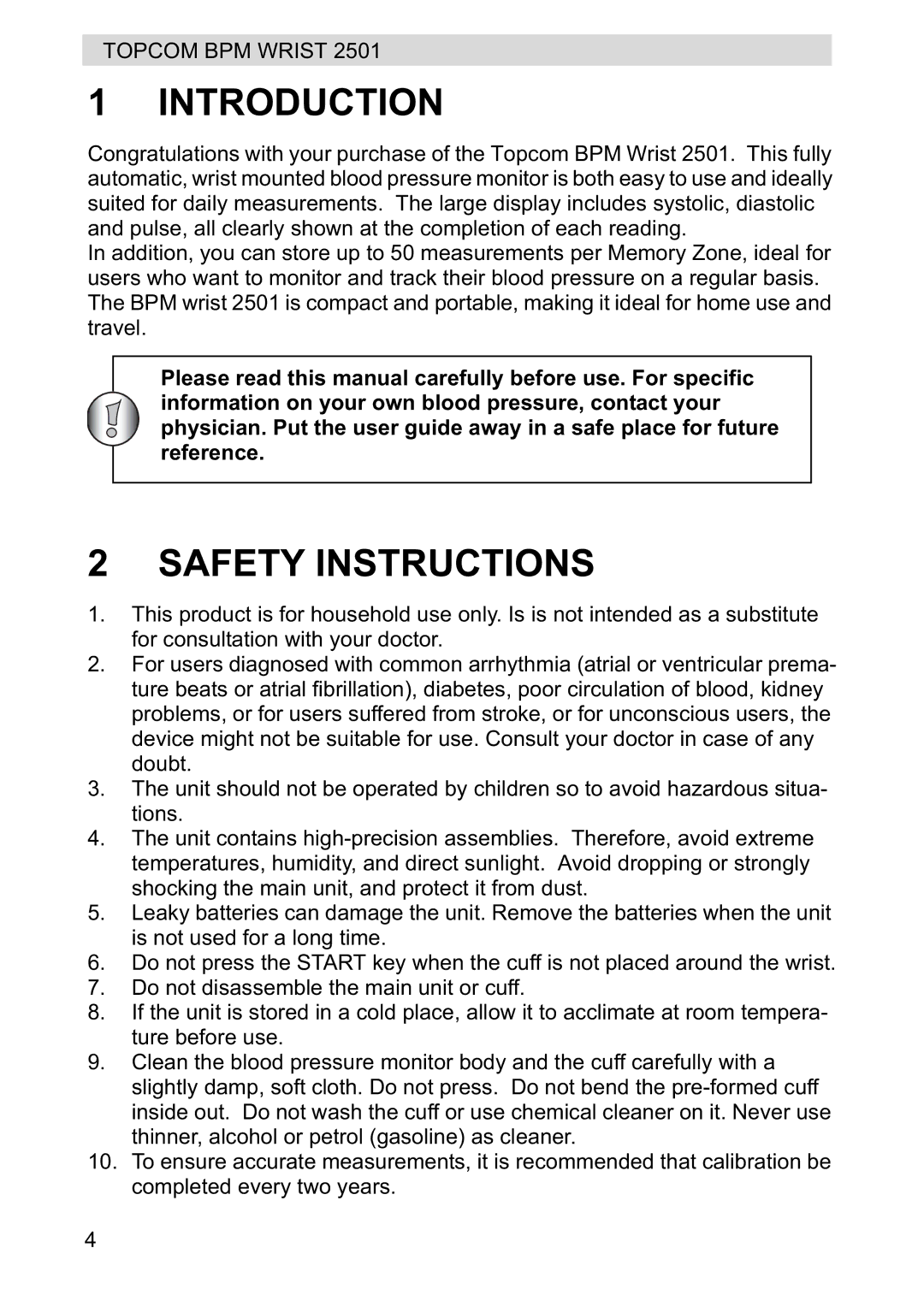 Topcom 2501 manual Introduction, Safety Instructions 