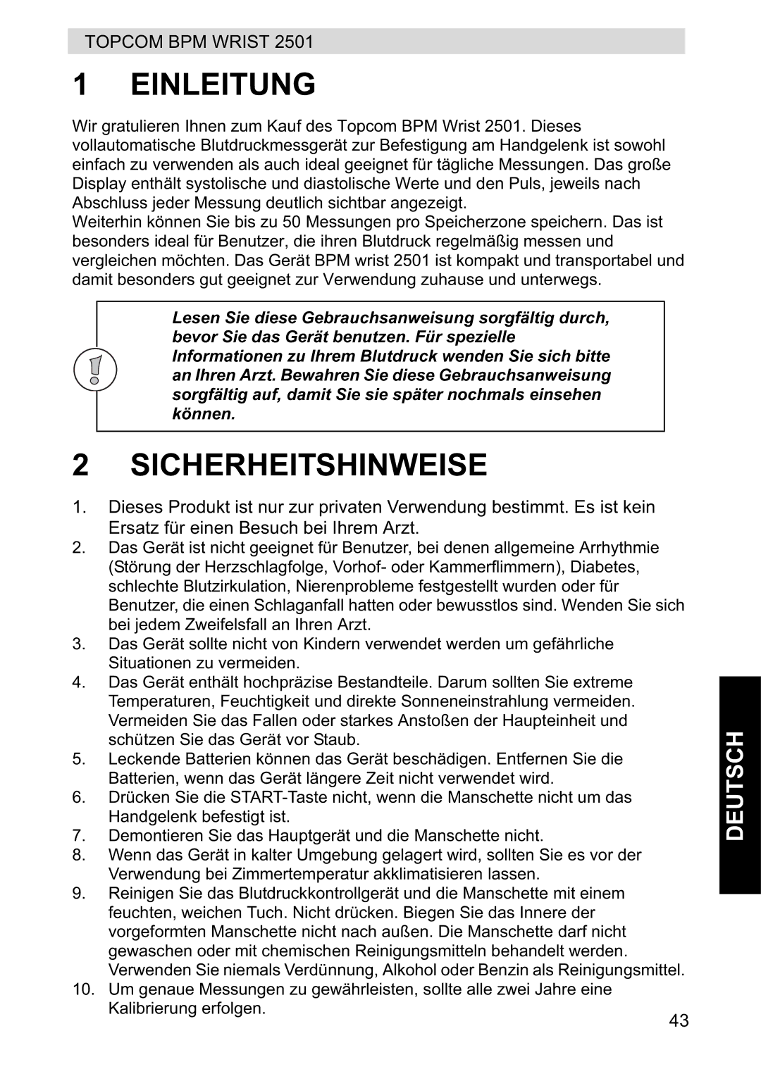 Topcom 2501 manual Einleitung, Sicherheitshinweise 