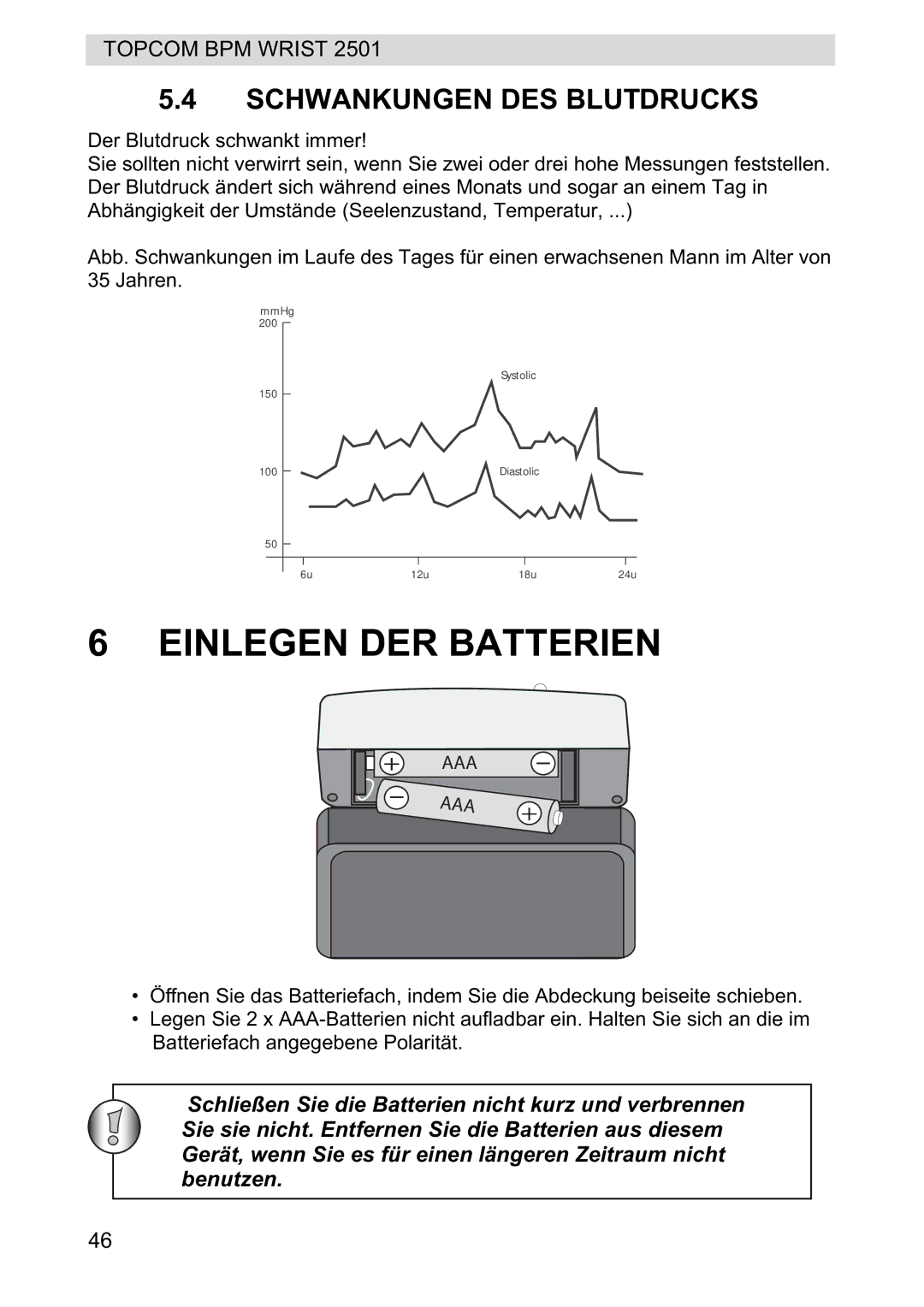 Topcom 2501 manual Einlegen DER Batterien, Schwankungen DES Blutdrucks 