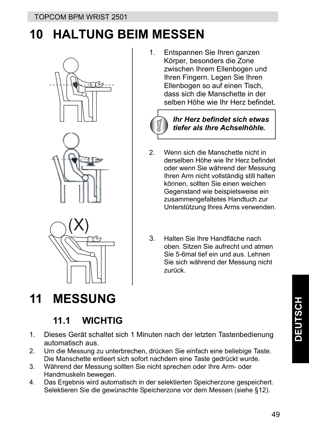 Topcom 2501 manual Haltung Beim Messen, Messung, Wichtig 