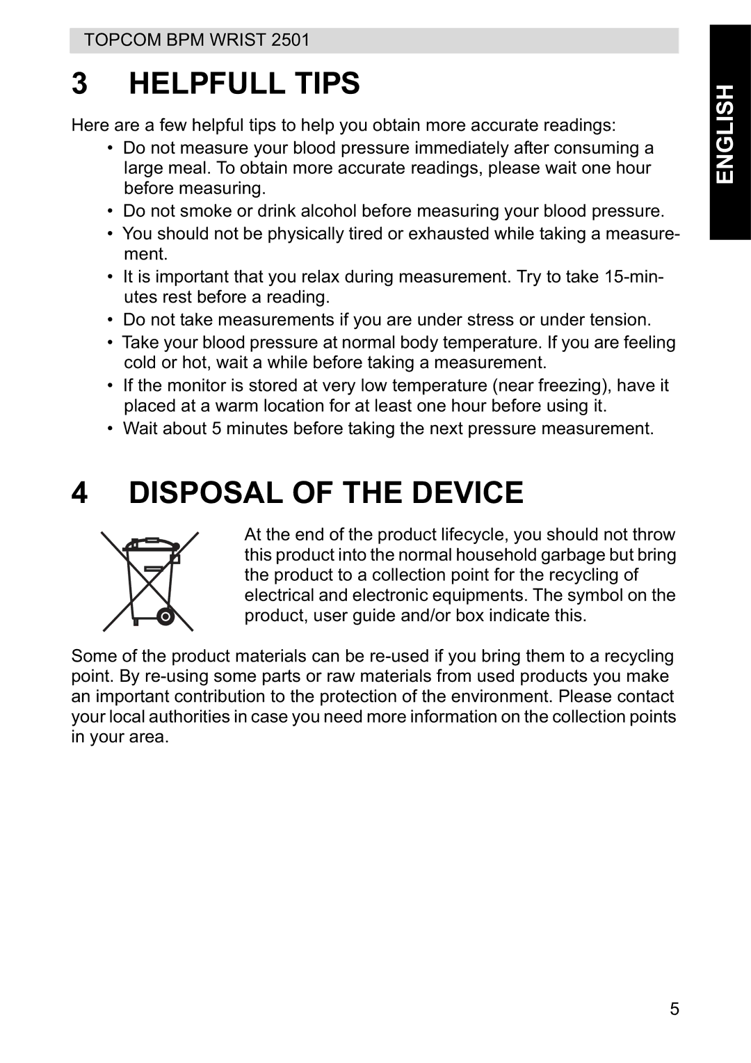 Topcom 2501 manual Helpfull Tips, Disposal of the Device 