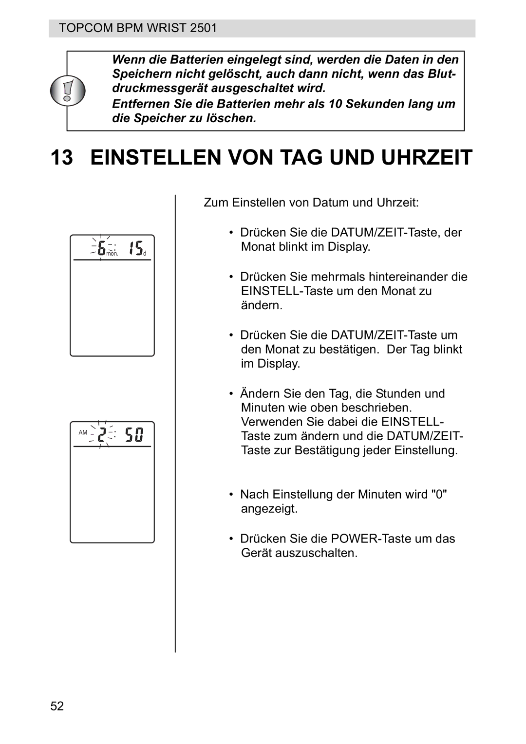 Topcom 2501 manual Einstellen VON TAG UND Uhrzeit 