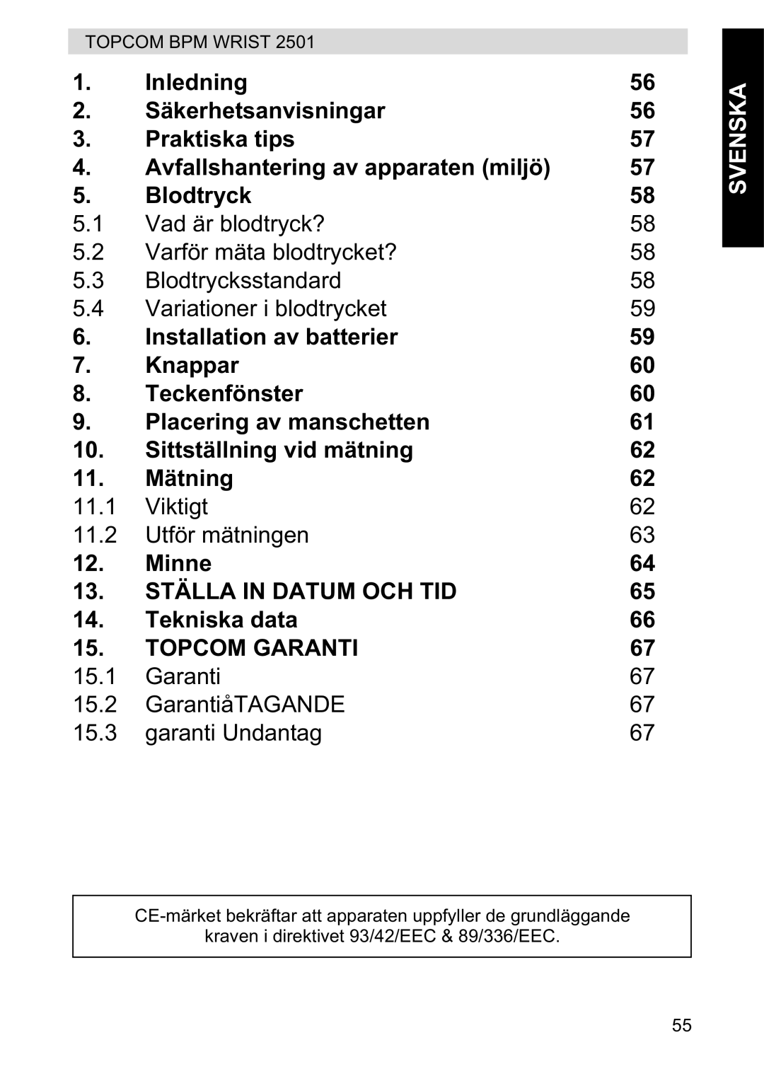 Topcom 2501 manual 13. Ställa in Datum OCH TID, Topcom Garanti 