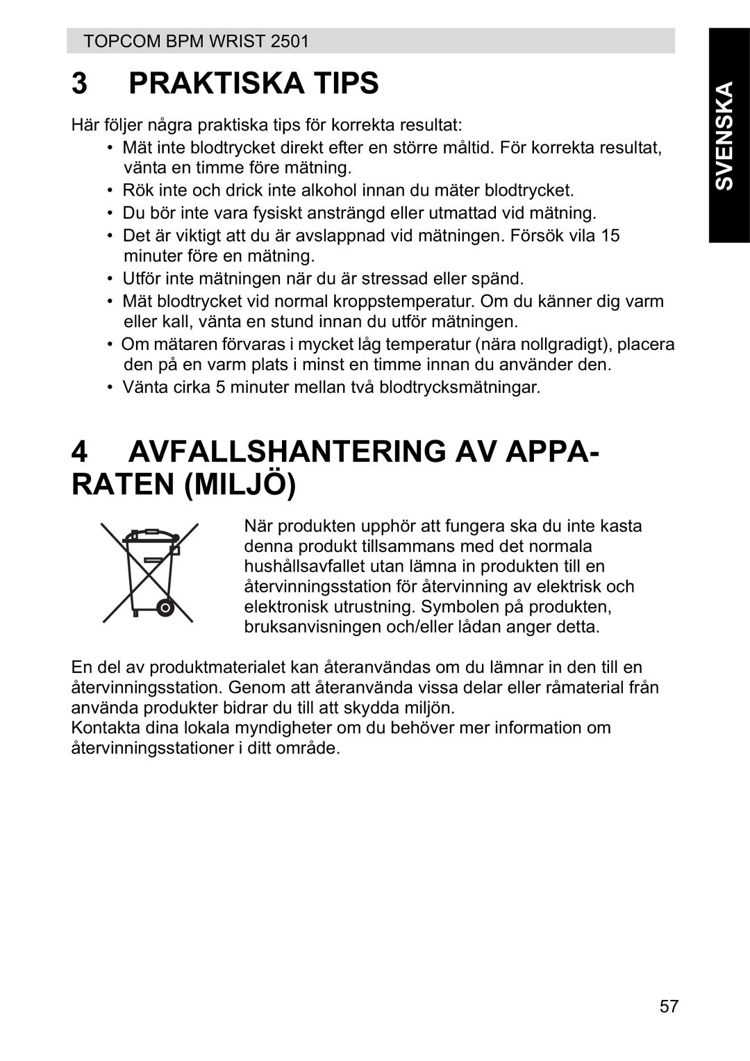 Topcom 2501 manual Praktiska Tips, Avfallshantering AV APPA- Raten Miljö 