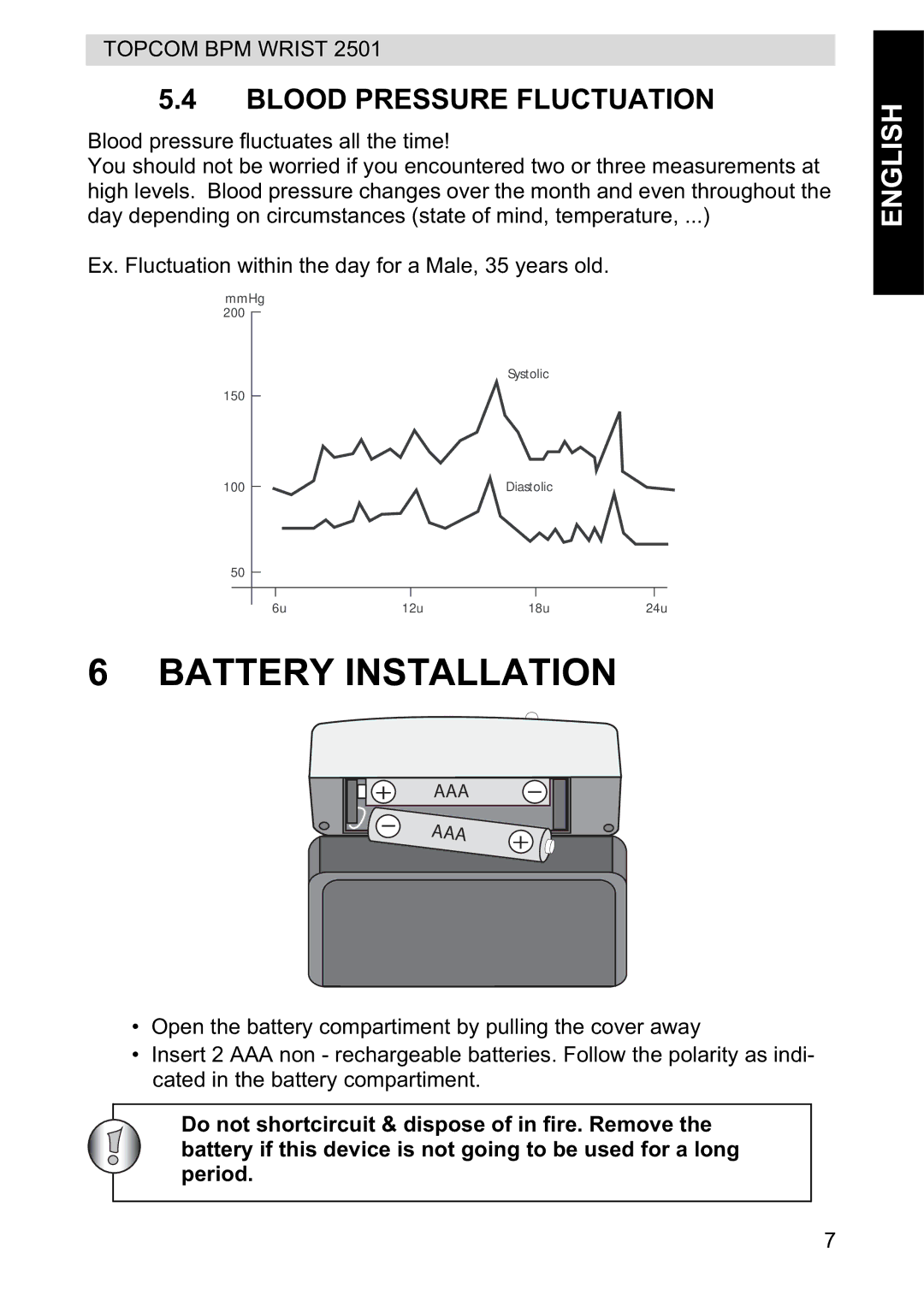 Topcom 2501 manual Battery Installation, Blood Pressure Fluctuation 