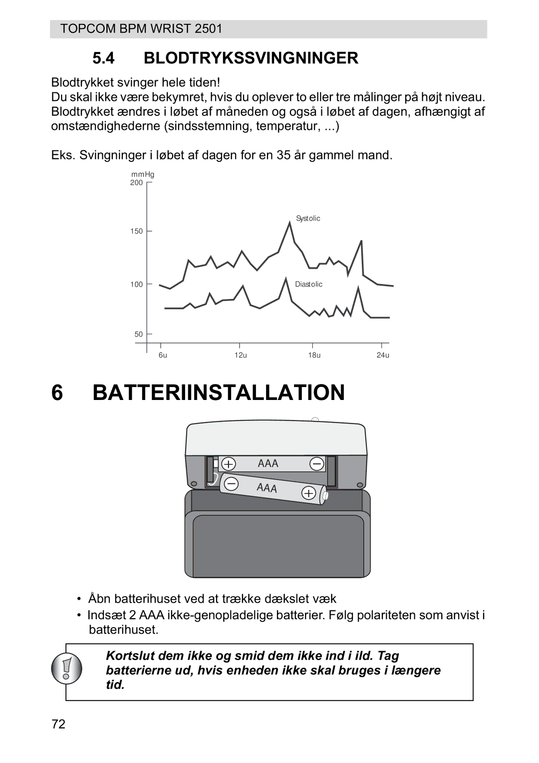 Topcom 2501 manual Batteriinstallation, Blodtrykssvingninger 