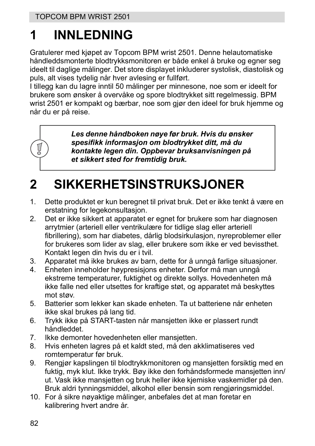 Topcom 2501 manual Innledning, Sikkerhetsinstruksjoner 