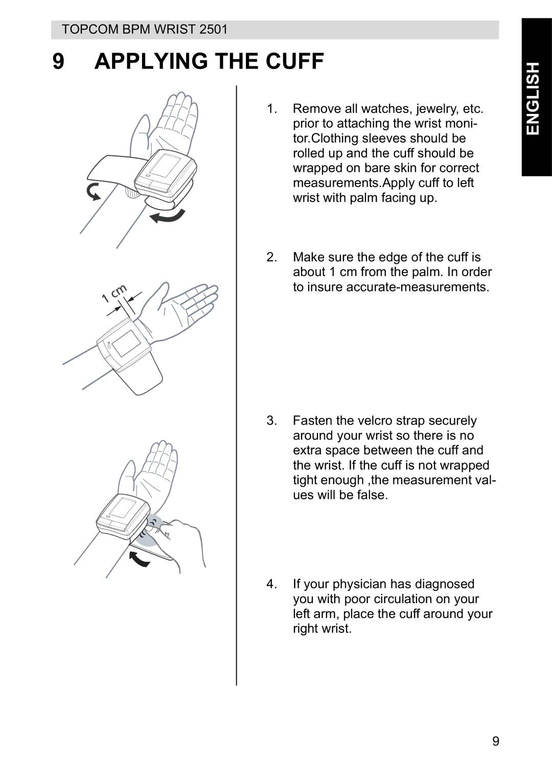 Topcom 2501 manual Applying the Cuff 