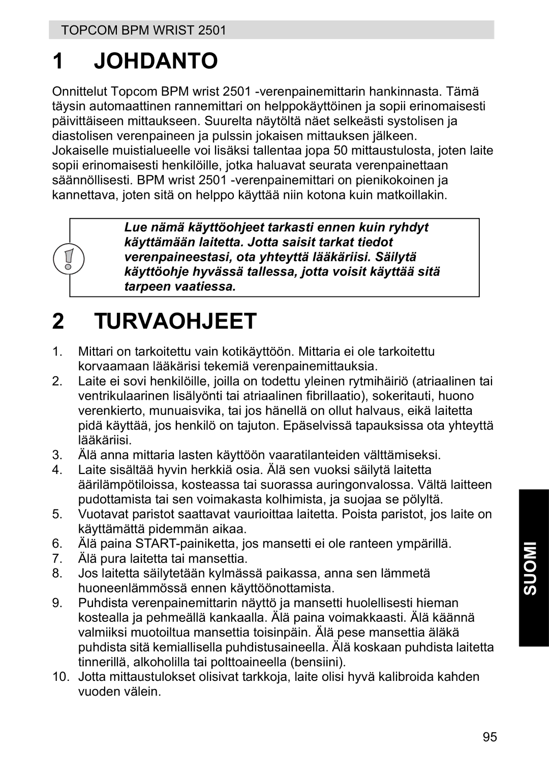 Topcom 2501 manual Johdanto, Turvaohjeet 