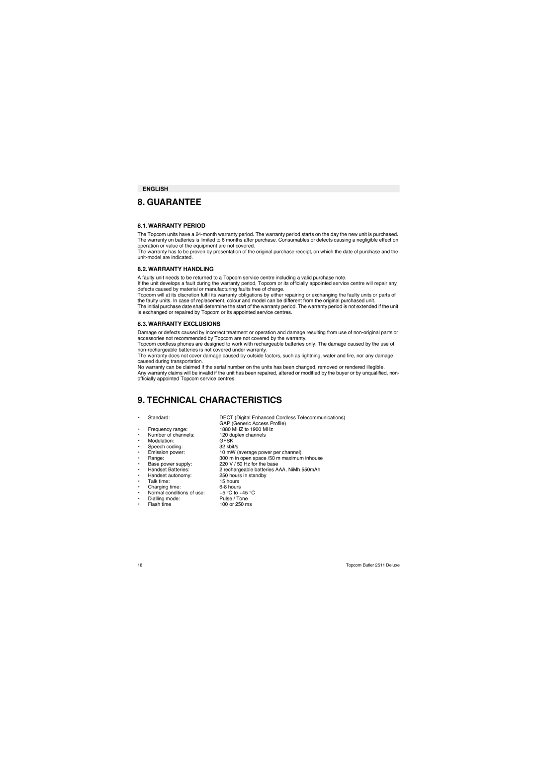 Topcom 2511 Deluxe manual Guarantee, Technical Characteristics, Warranty Period, Warranty Handling, Warranty Exclusions 