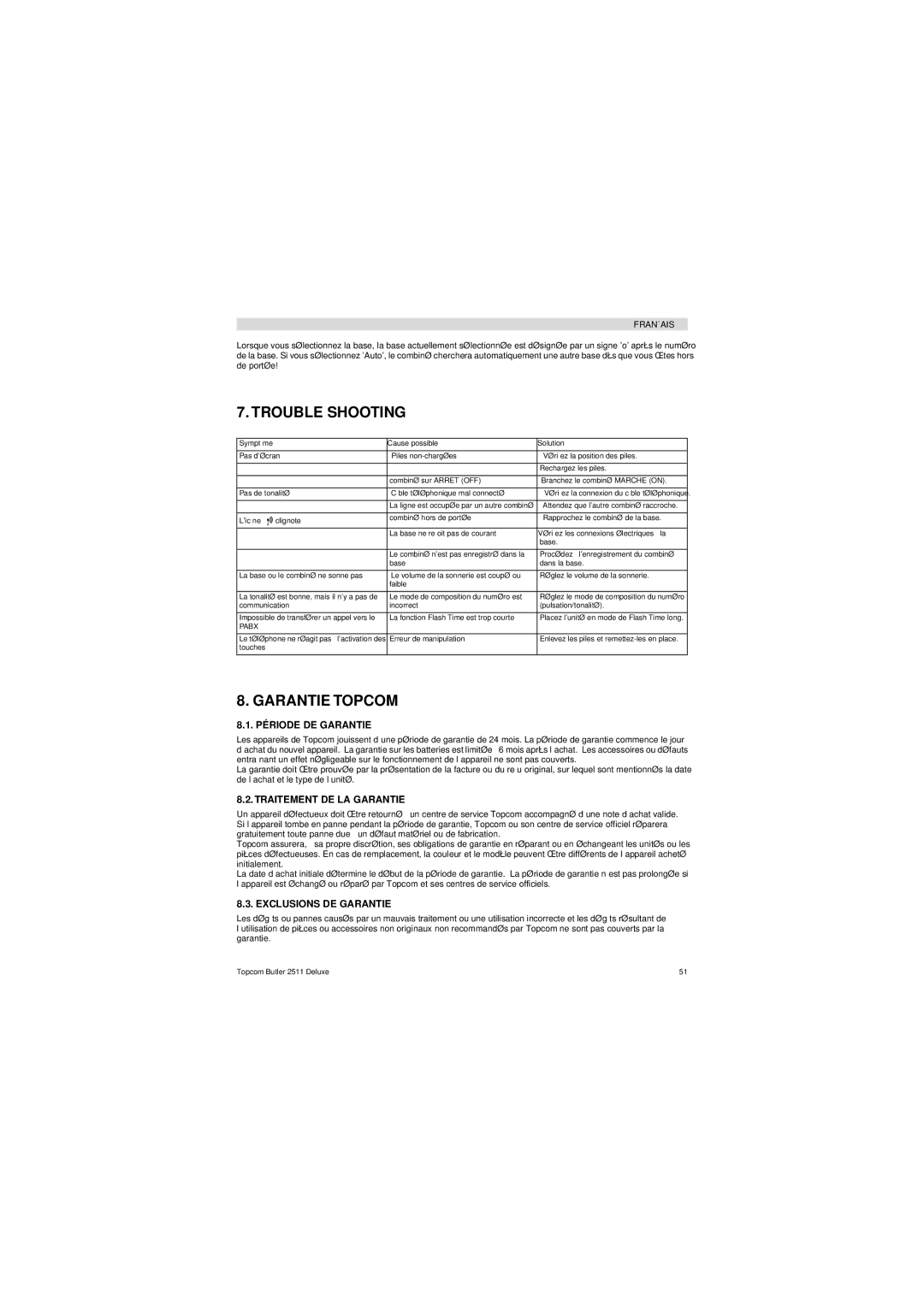 Topcom 2511 Deluxe manual Garantie Topcom, Période DE Garantie, Traitement DE LA Garantie, Exclusions DE Garantie 