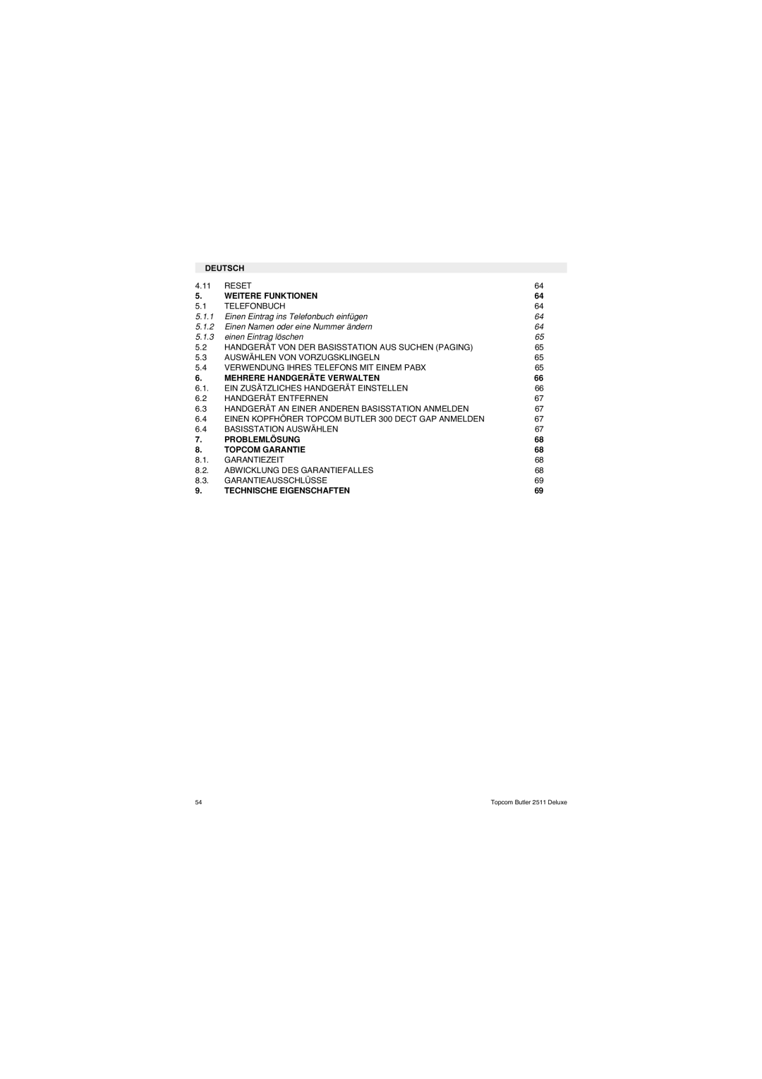 Topcom 2511 Deluxe manual Weitere Funktionen, Mehrere Handgeräte Verwalten, Problemlösung Topcom Garantie 