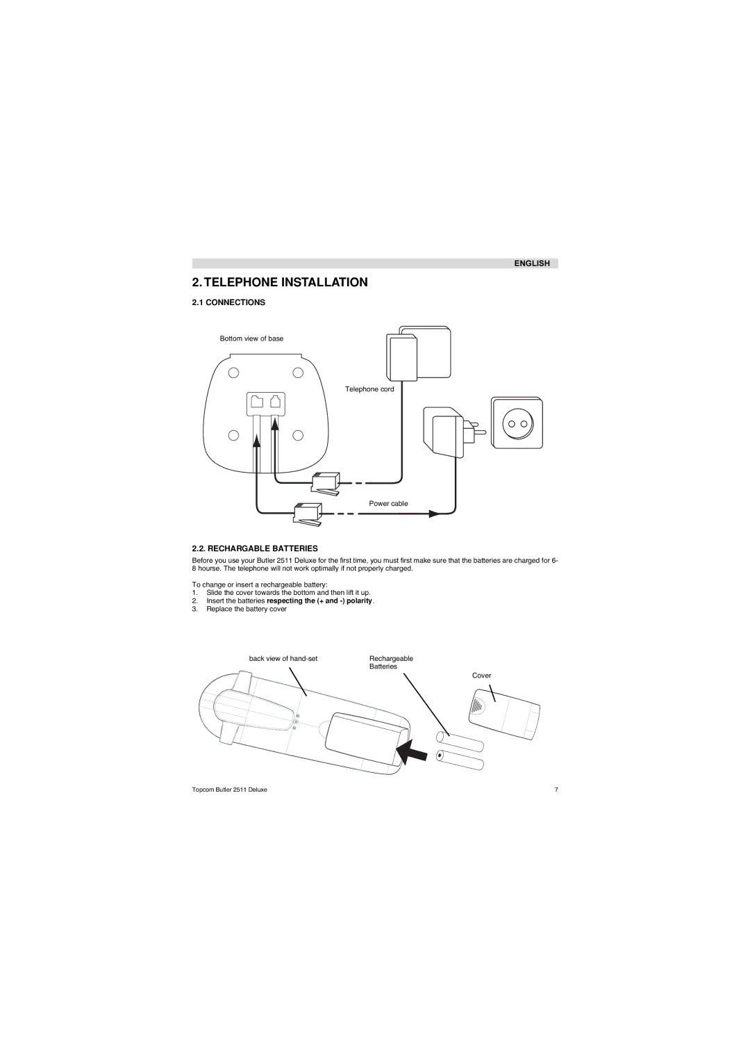 Topcom 2511 Deluxe manual Telephone Installation, Connections, Rechargable Batteries 