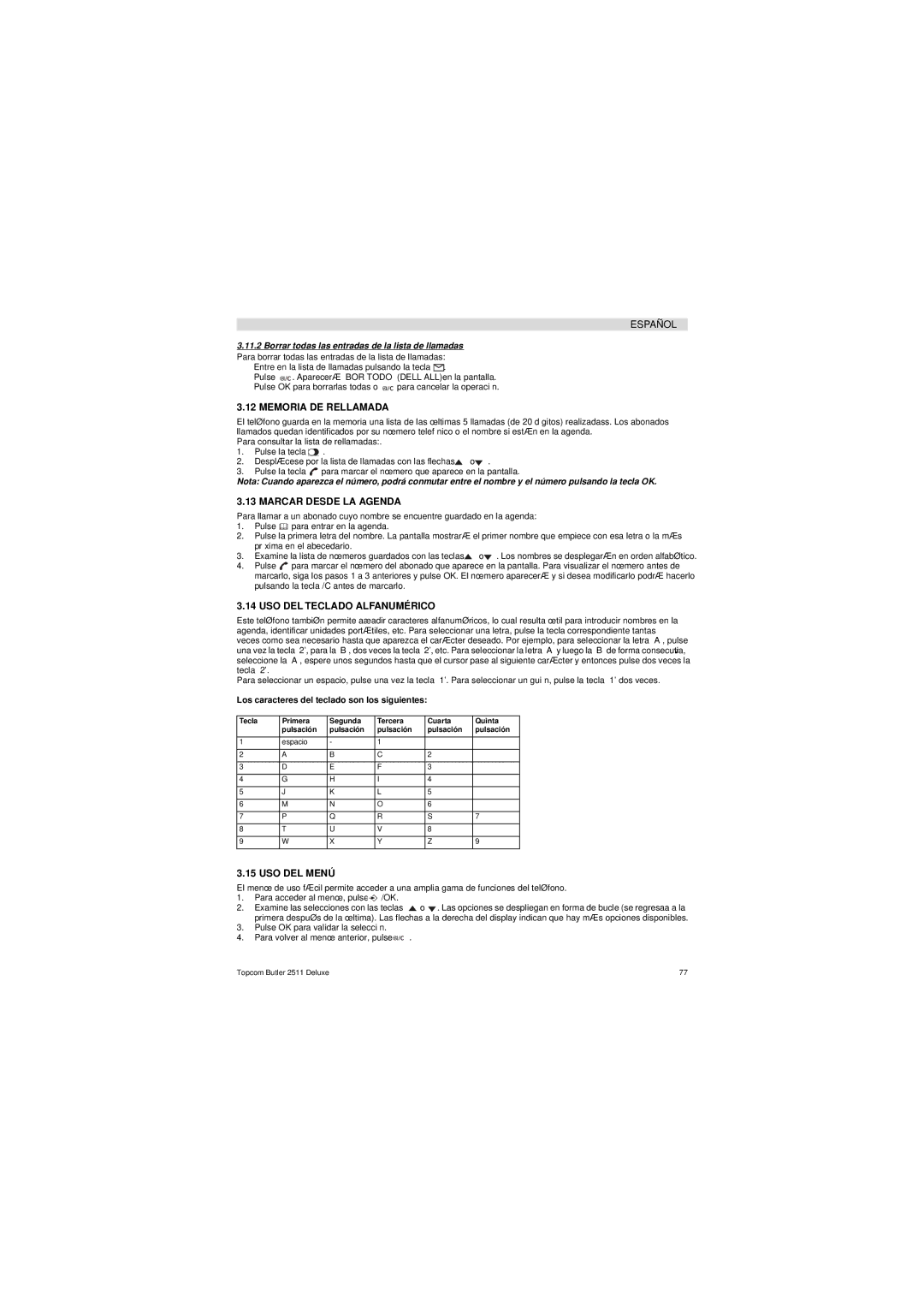 Topcom 2511 Deluxe manual Memoria DE Rellamada, Marcar Desde LA Agenda, USO DEL Teclado Alfanumérico, USO DEL Menú 