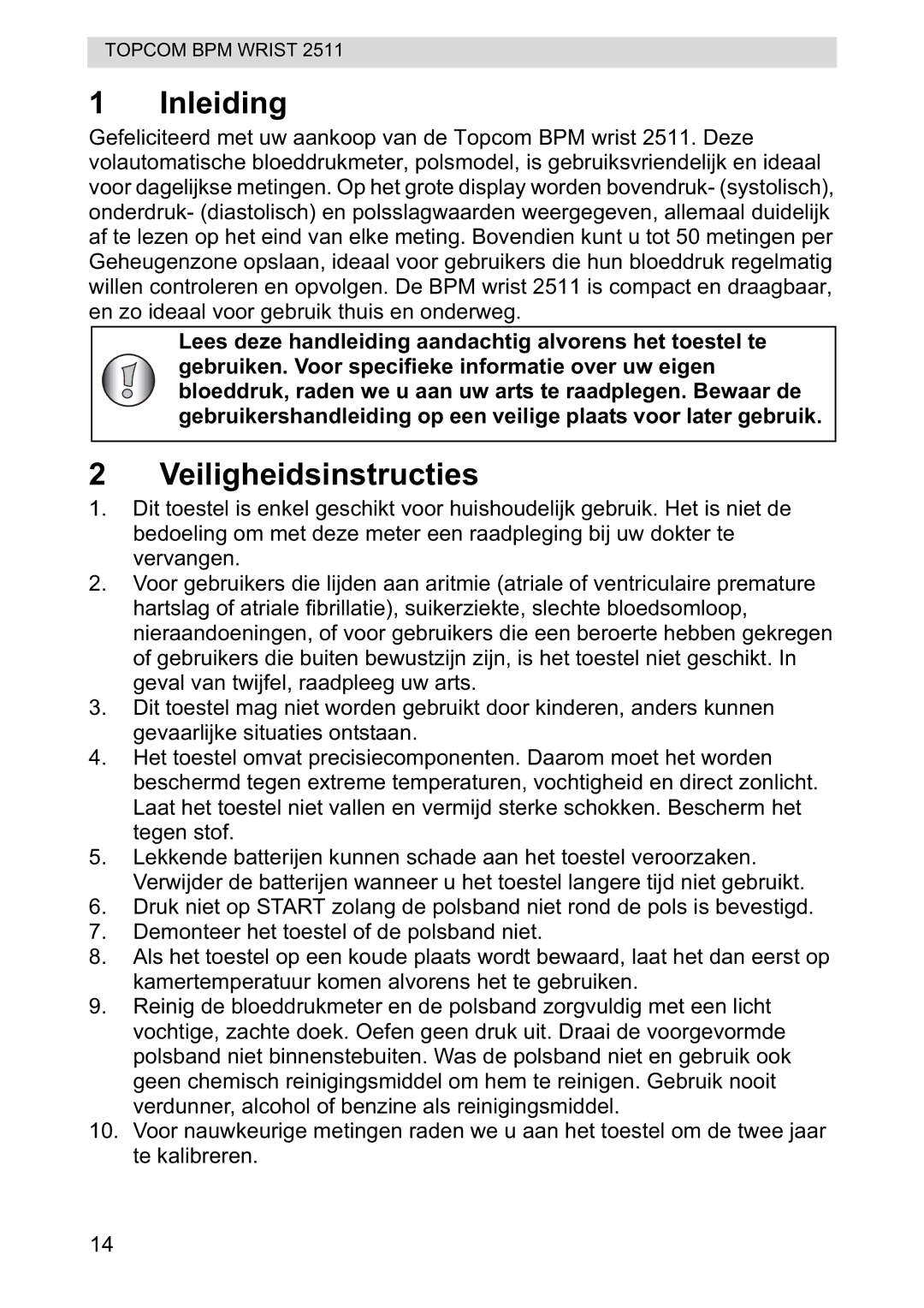 Topcom 2511 manual Inleiding, Veiligheidsinstructies 