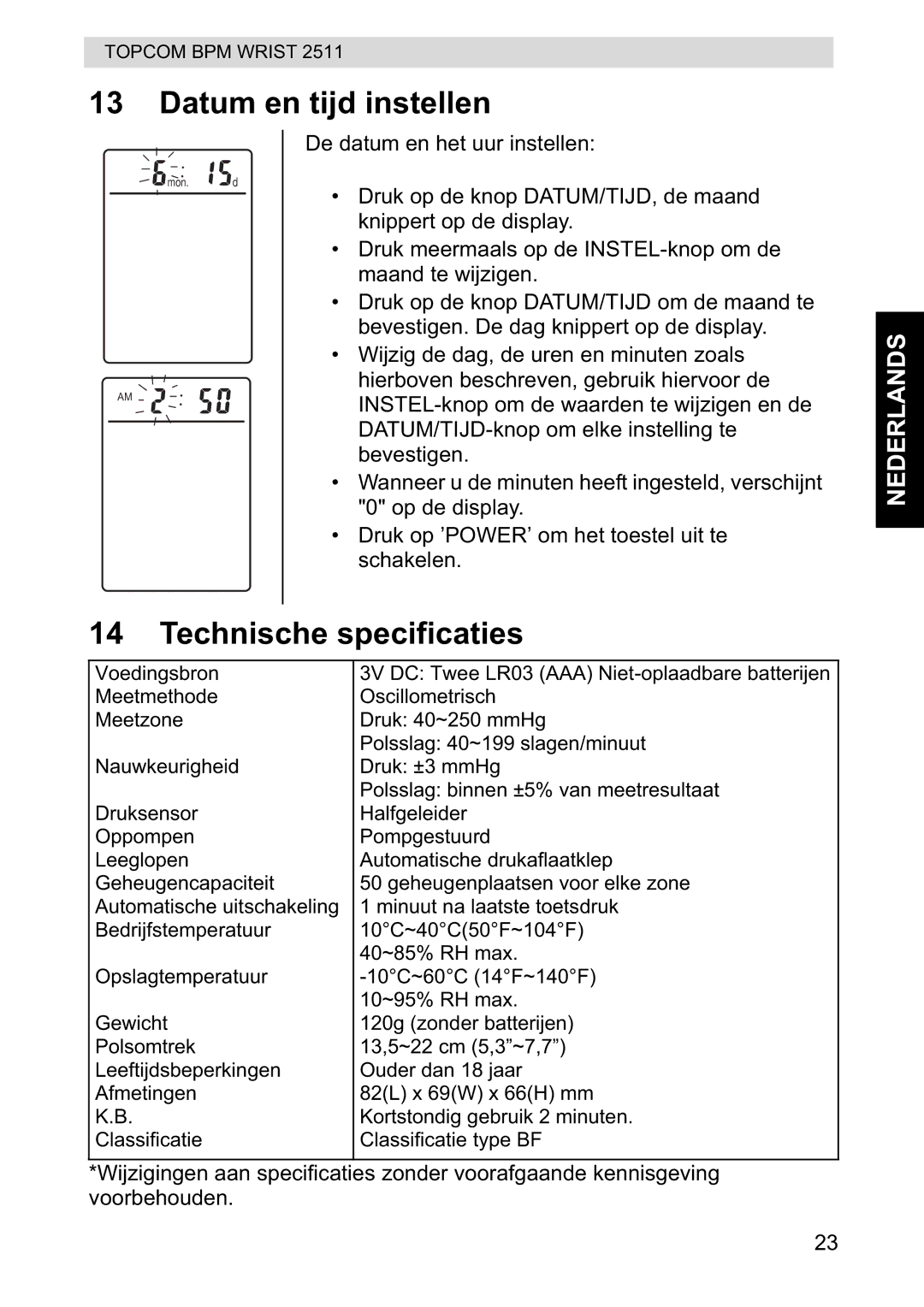 Topcom 2511 manual Datum en tijd instellen, Technische specificaties 