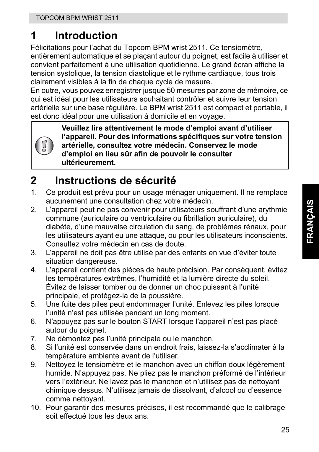 Topcom 2511 manual Introduction, Instructions de sécurité 