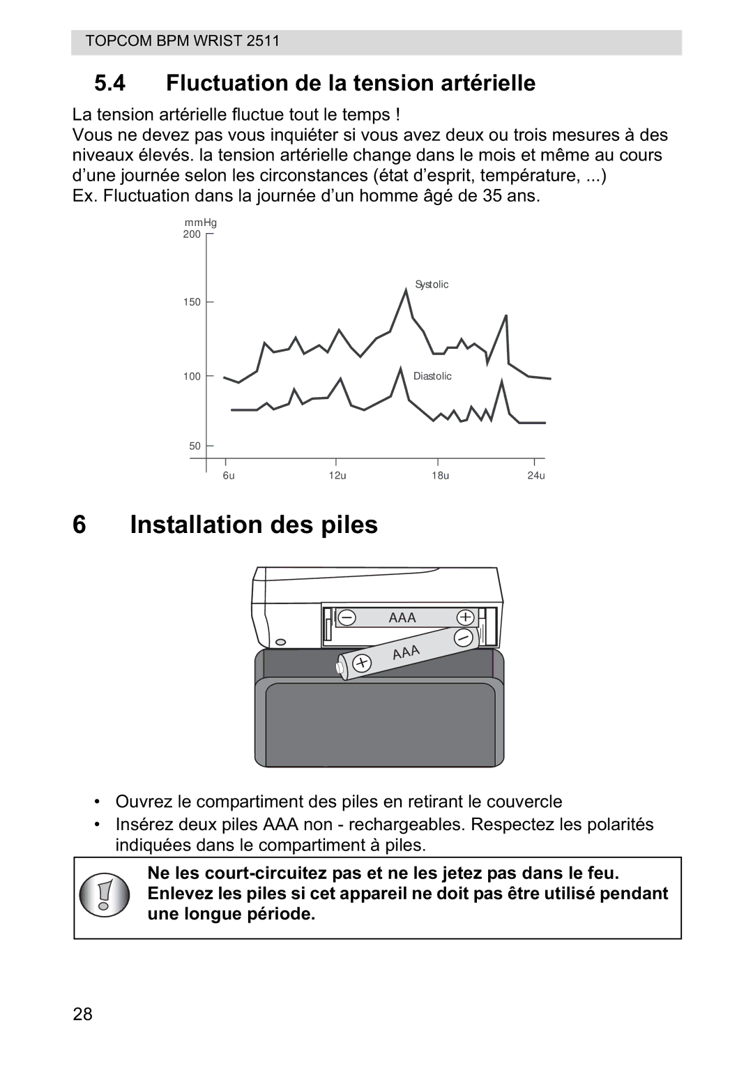 Topcom 2511 manual Installation des piles, Fluctuation de la tension artérielle 