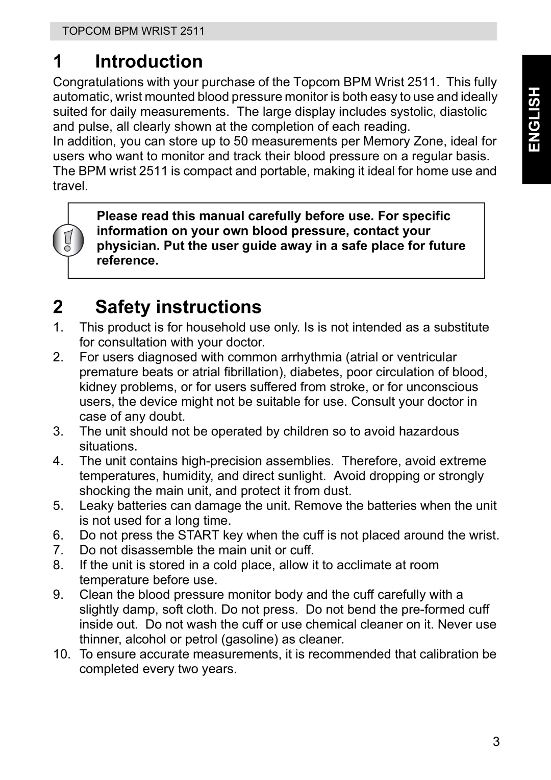 Topcom 2511 manual Introduction, Safety instructions 