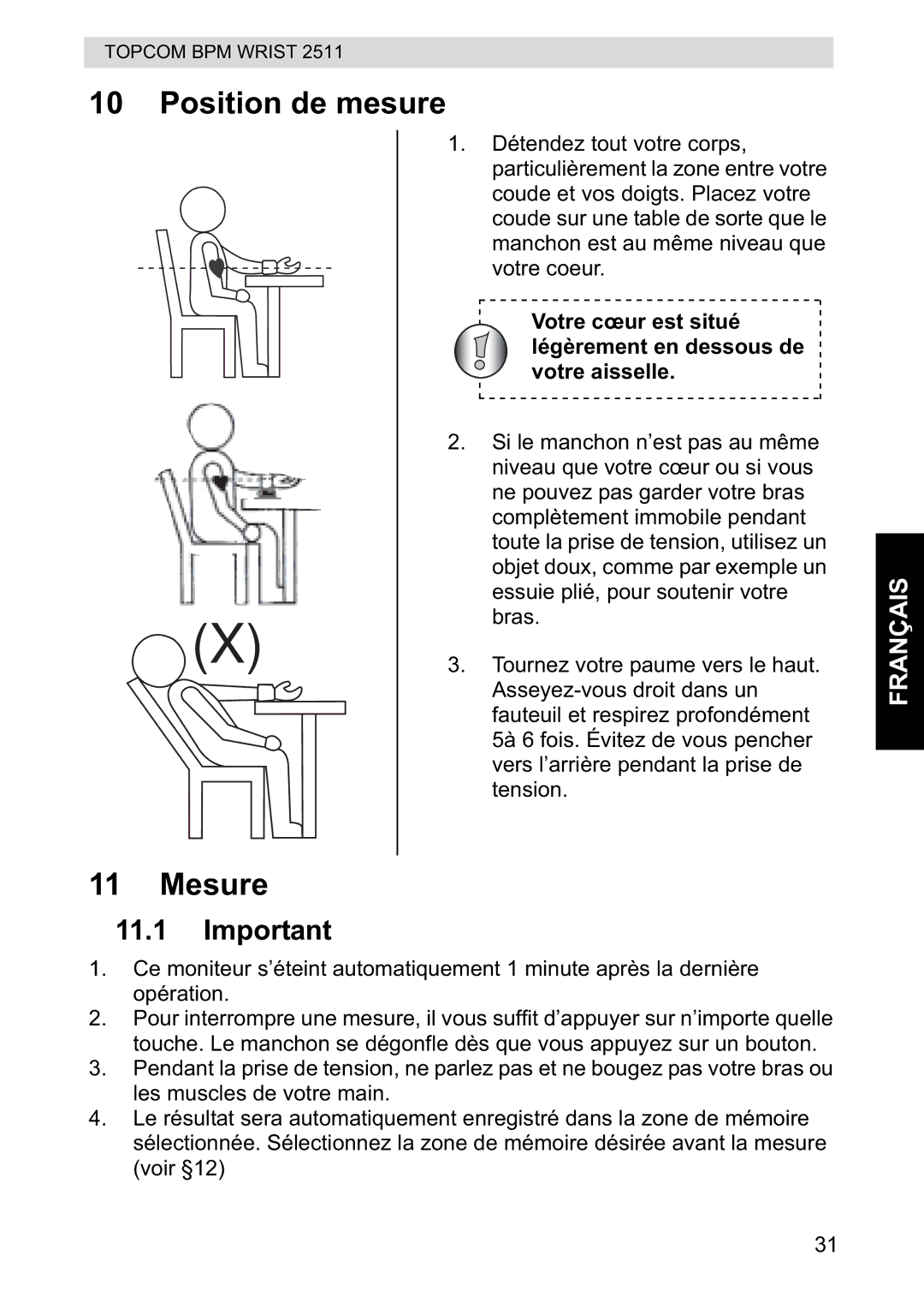 Topcom 2511 manual Position de mesure, Mesure 