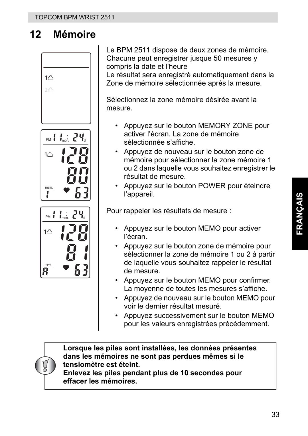 Topcom 2511 manual 12 Mémoire 