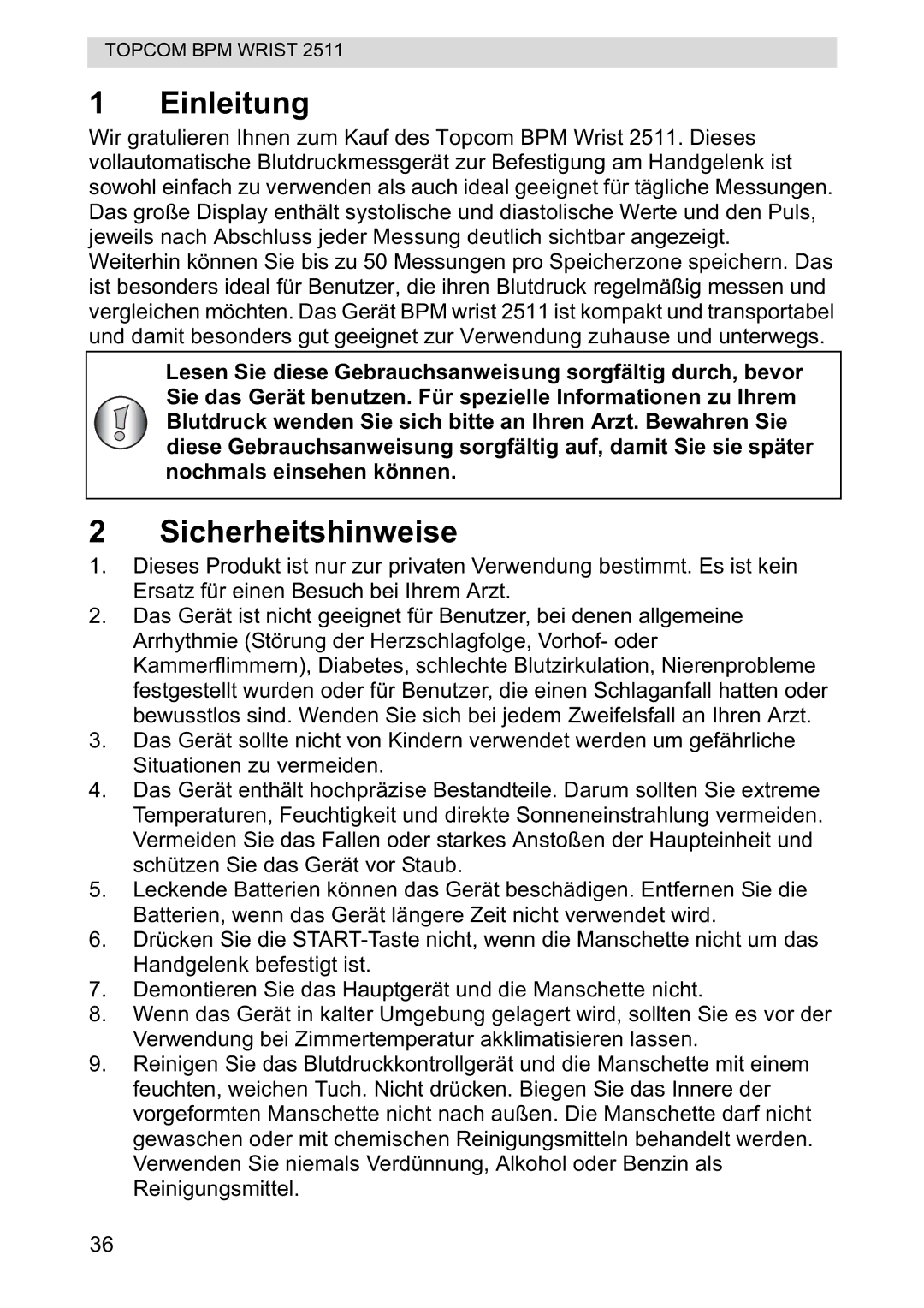 Topcom 2511 manual Einleitung, Sicherheitshinweise 