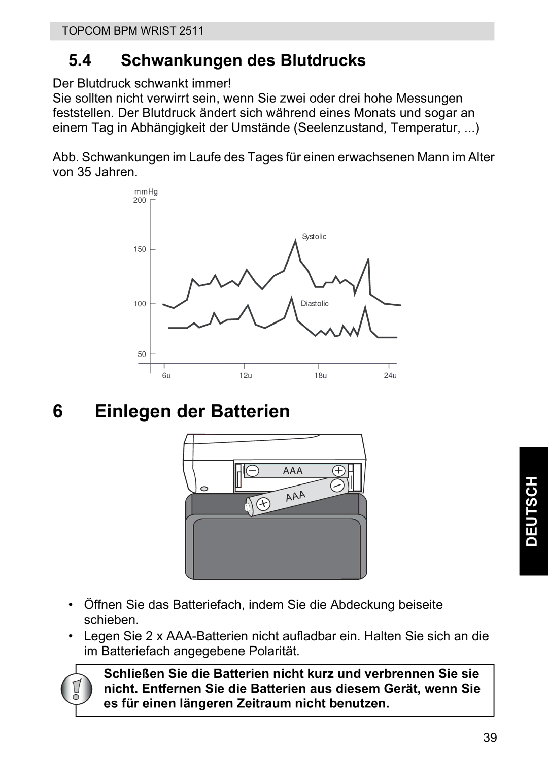 Topcom 2511 manual Einlegen der Batterien, Schwankungen des Blutdrucks 