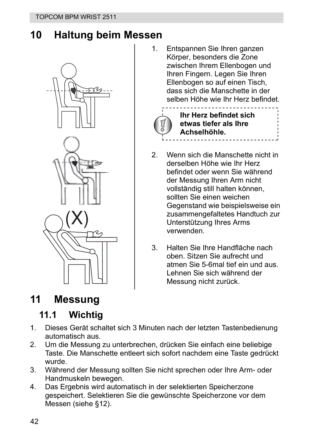 Topcom 2511 manual Haltung beim Messen Messung, Wichtig 