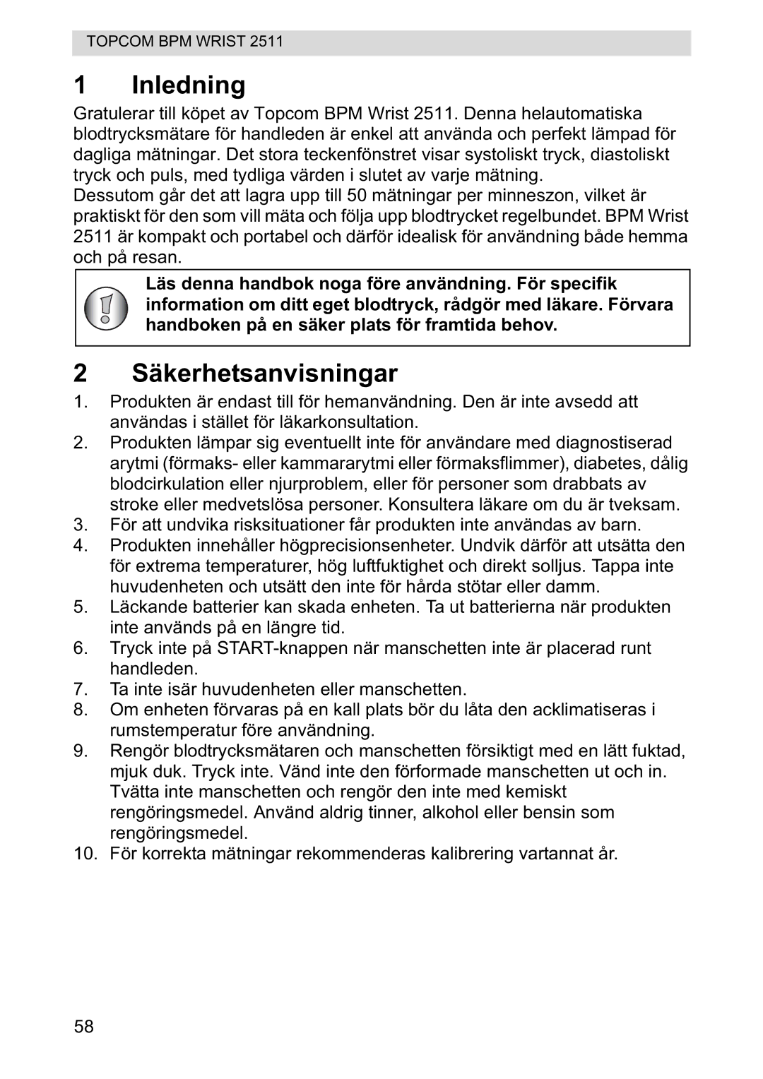 Topcom 2511 manual Inledning, Säkerhetsanvisningar 