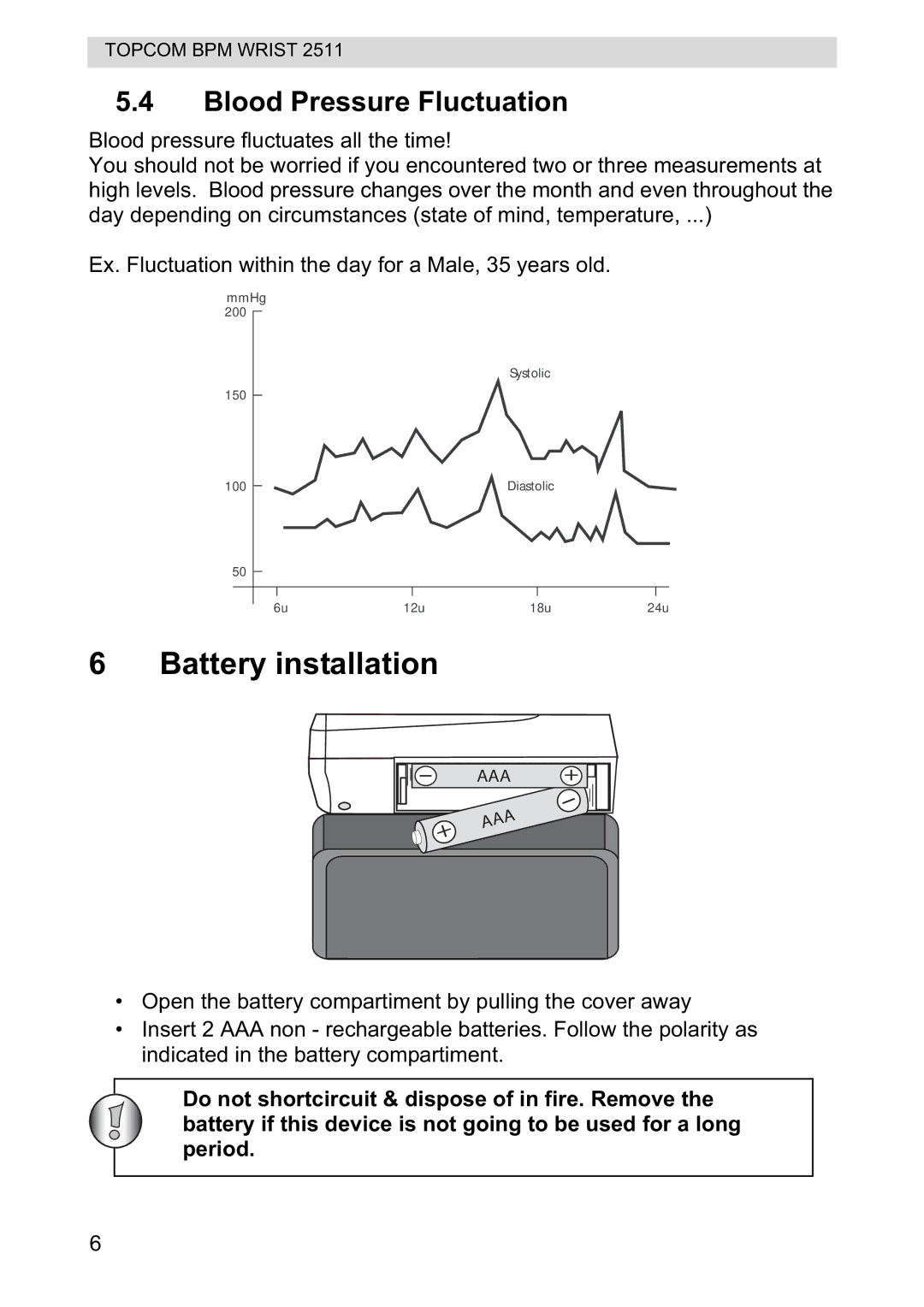 Topcom 2511 manual Battery installation, Blood Pressure Fluctuation 