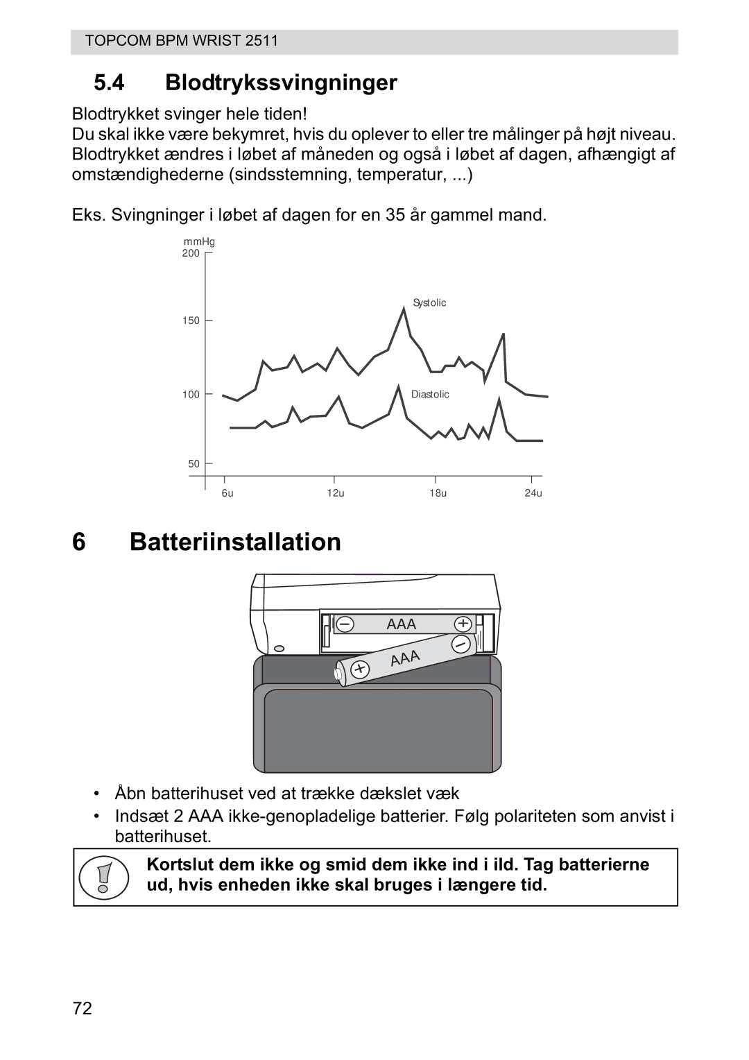 Topcom 2511 manual Batteriinstallation, Blodtrykssvingninger 