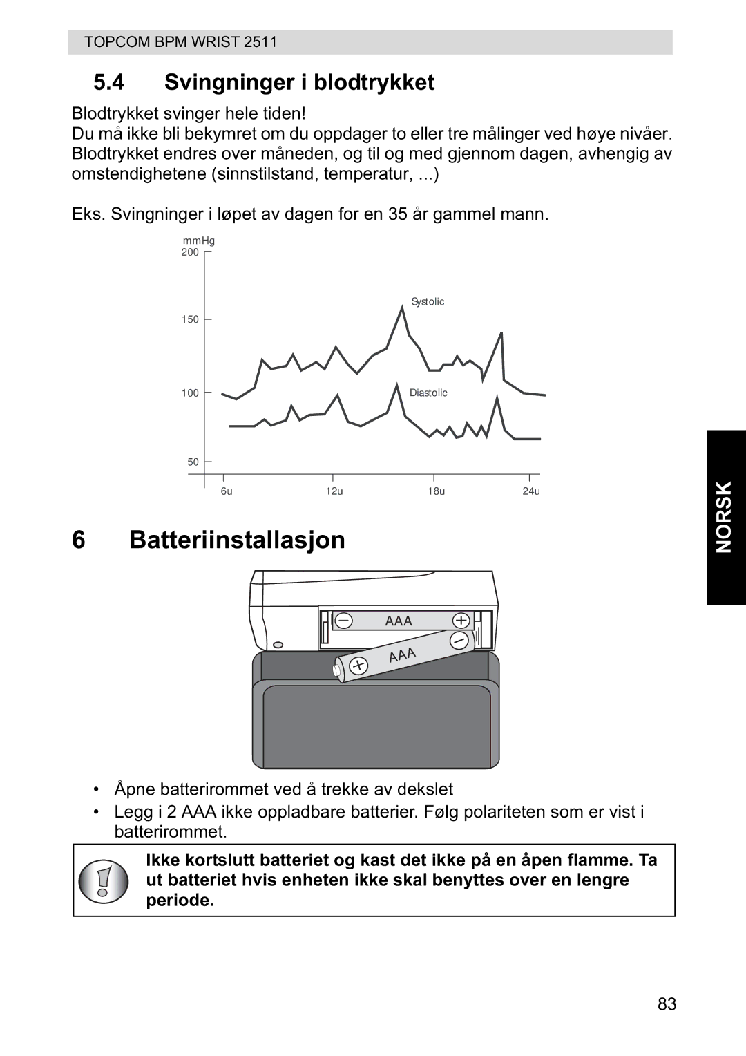 Topcom 2511 manual Batteriinstallasjon, Svingninger i blodtrykket 