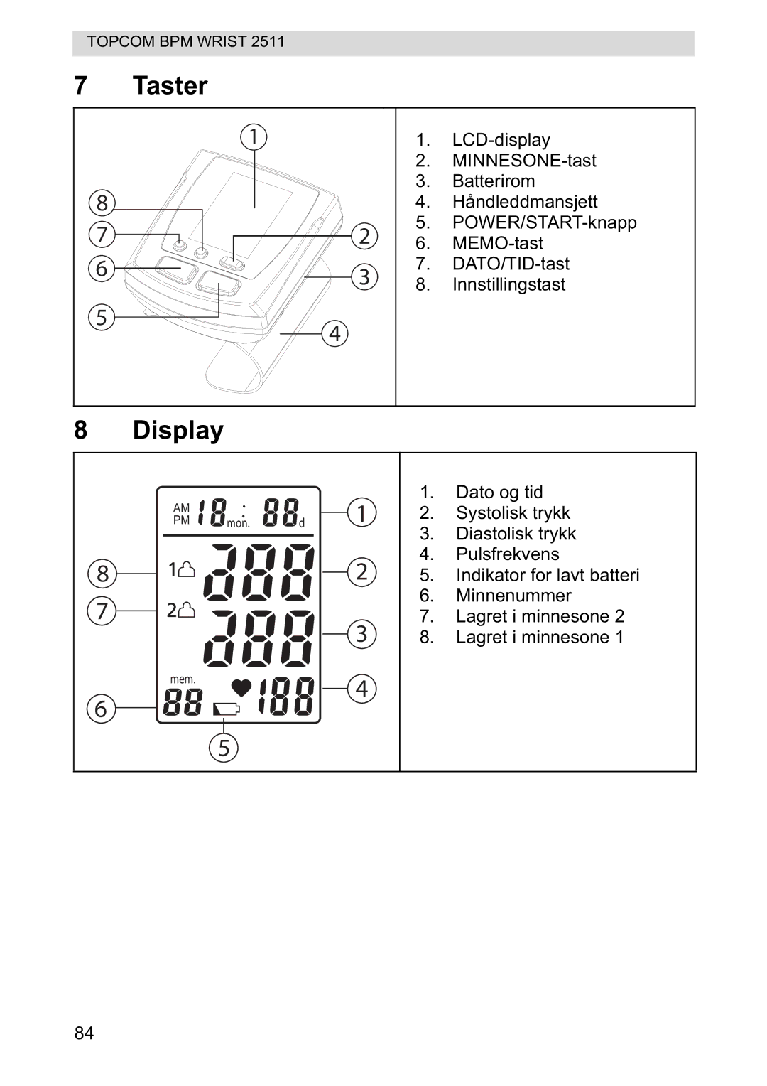 Topcom 2511 manual Taster, Display 