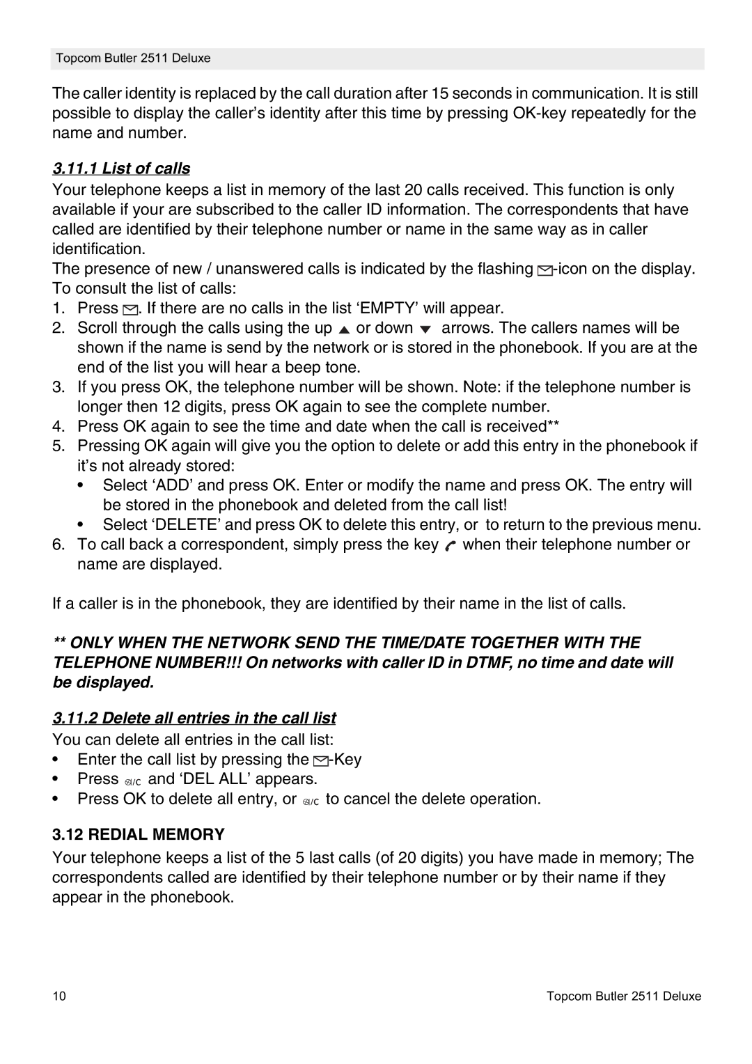 Topcom 2511 manual List of calls, Redial Memory 